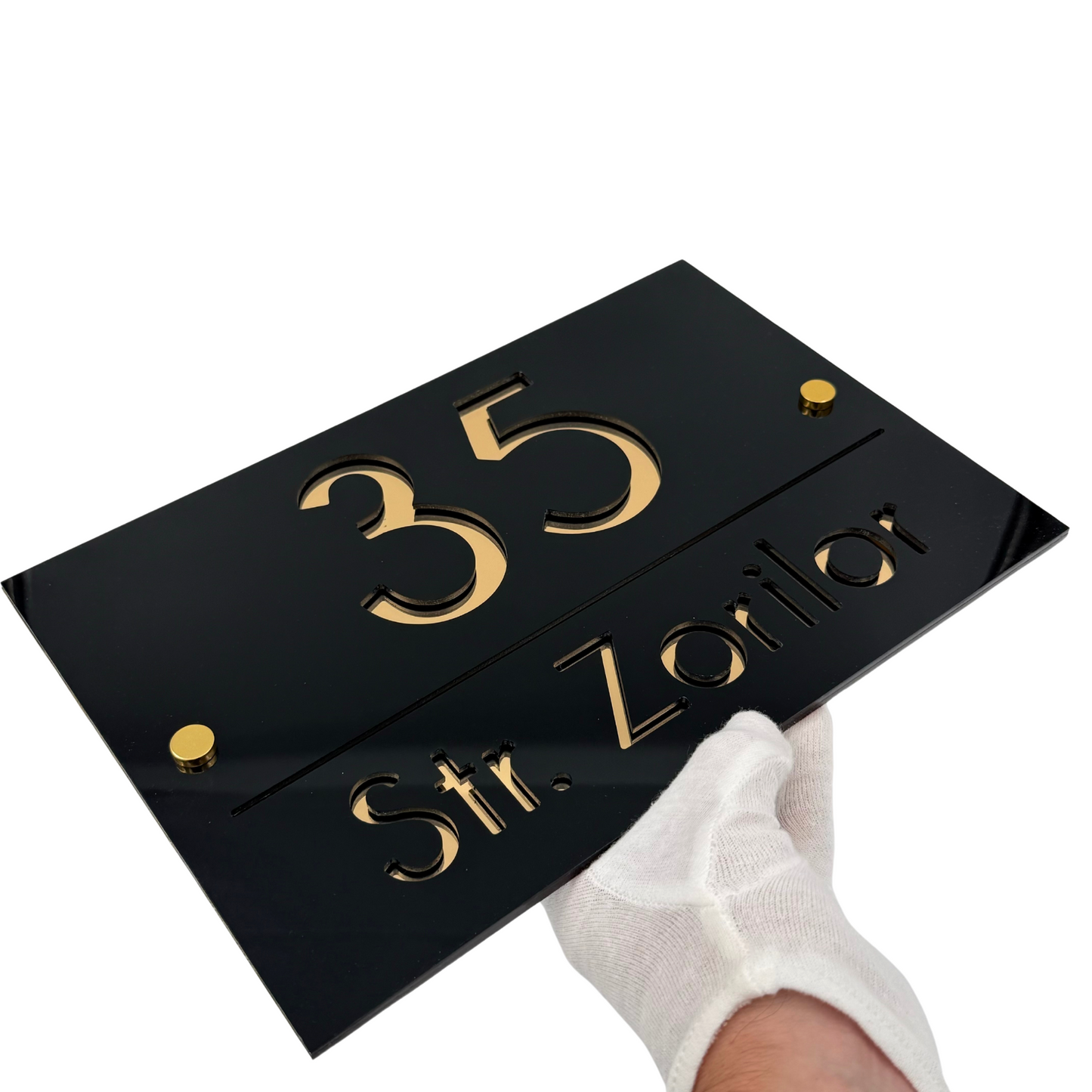 PREMIUM HOUSE NUMBER - Glossy Black Gold Mirror 2 Spacers Gold - 30×20 cm