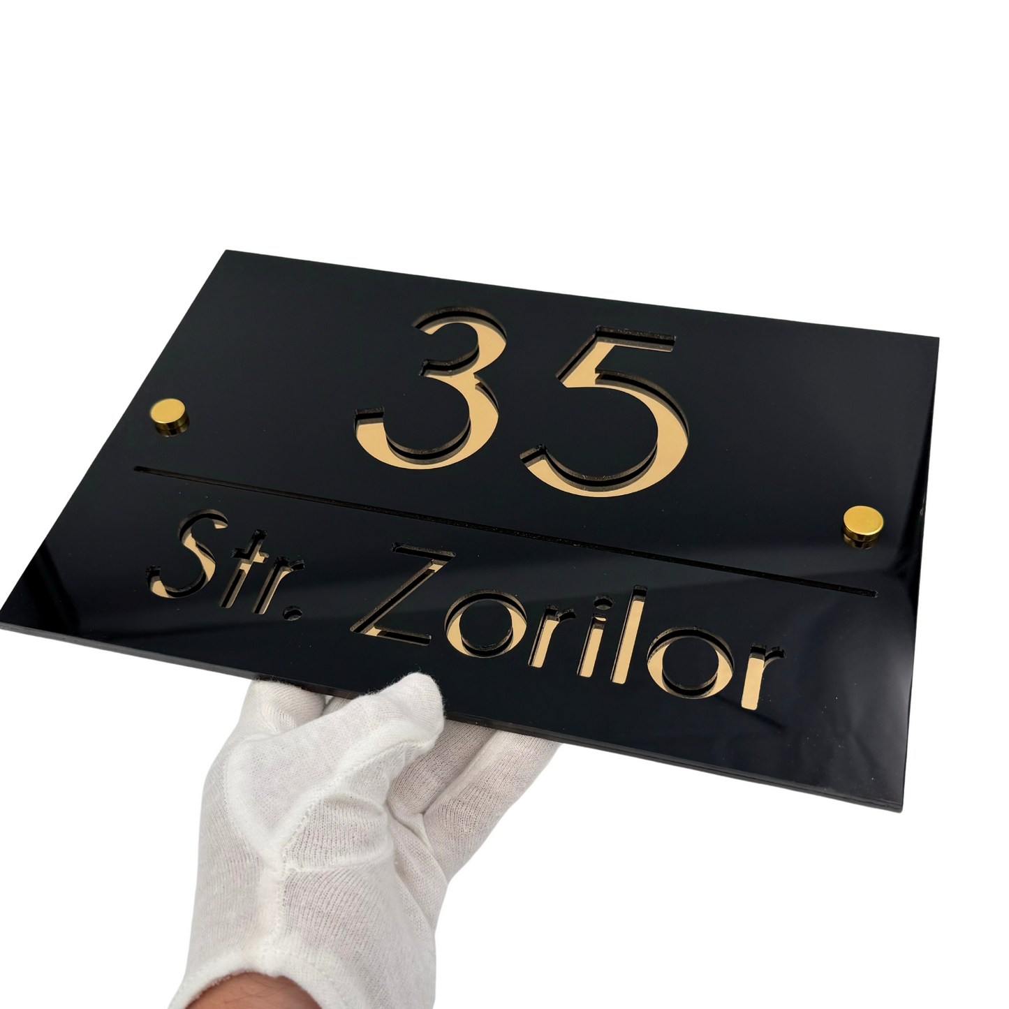 PREMIUM HOUSE NUMBER - Glossy Black Gold Mirror 2 Spacers Gold - 30×20 cm