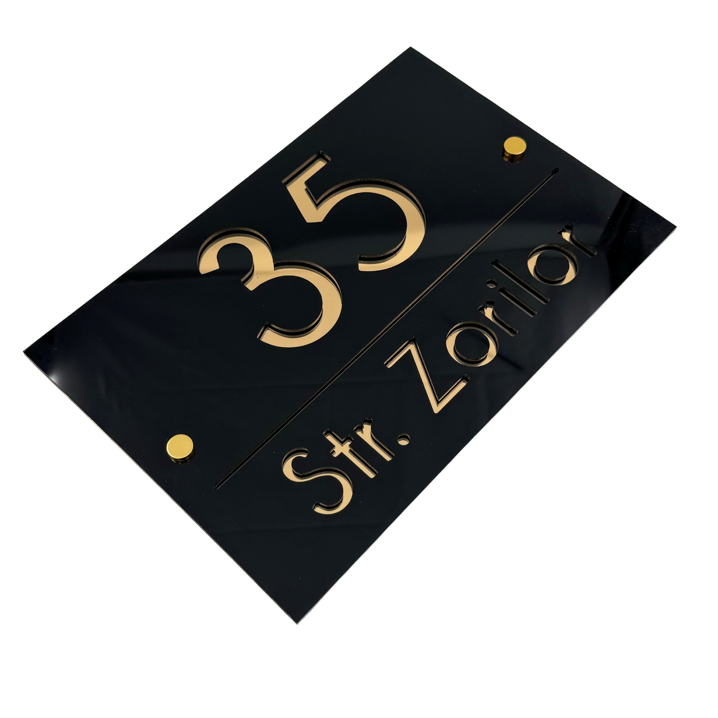 PREMIUM HOUSE NUMBER - Glossy Black Gold Mirror 2 Spacers Gold - 30×20 cm