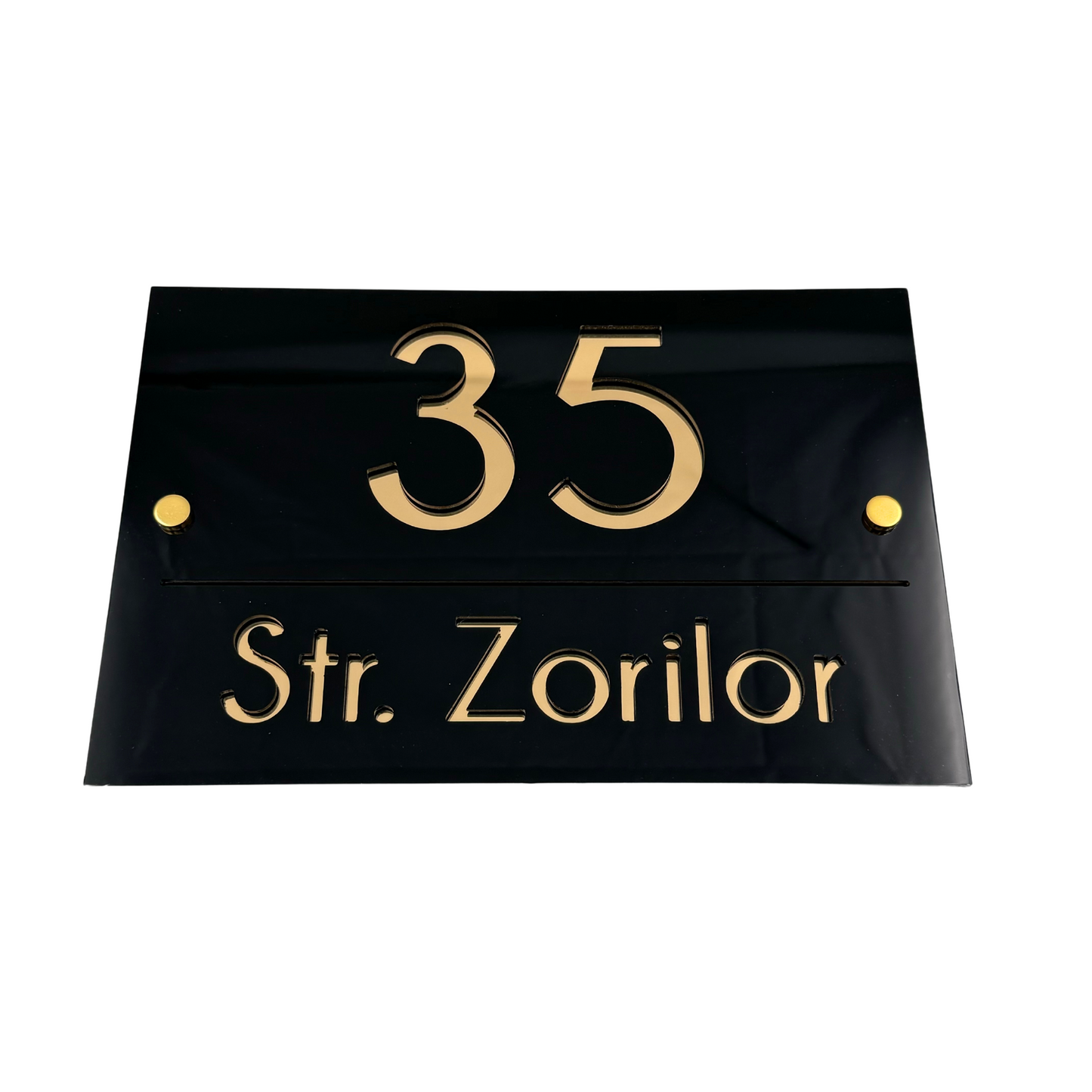 PREMIUM HOUSE NUMBER - Glossy Black Gold Mirror 2 Spacers Gold - 30×20 cm