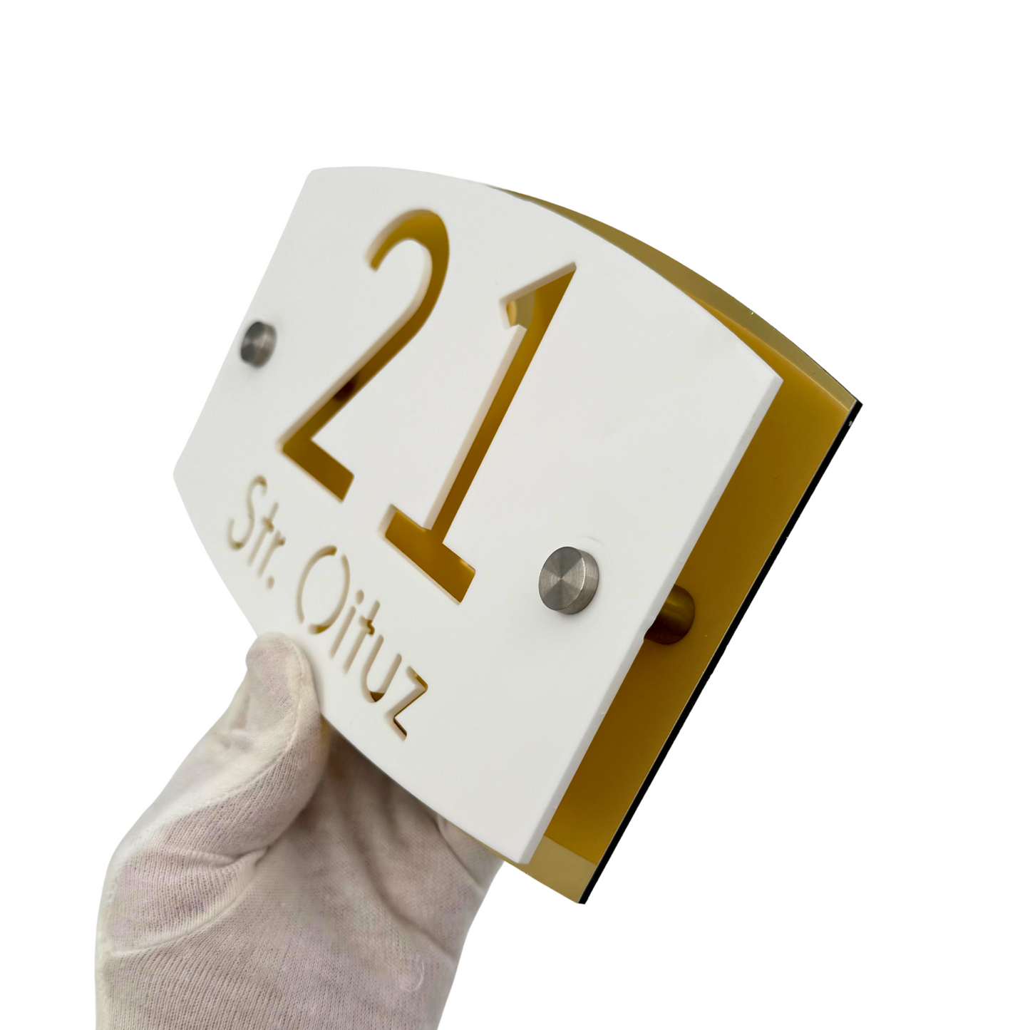 PREMIUM HOUSE NUMBER - White Satin Aluminium Gold Mirror 2 Spacers Silver - 20×13 cm