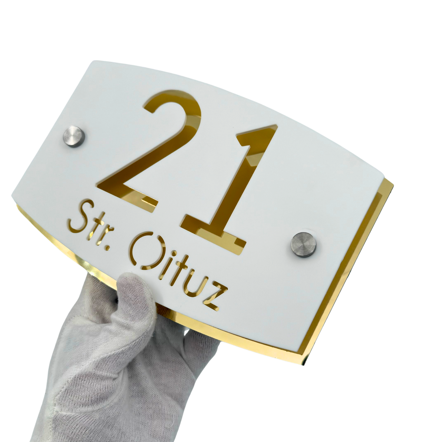 PREMIUM HOUSE NUMBER - White Satin Aluminium Gold Mirror 2 Spacers Silver - 20×13 cm