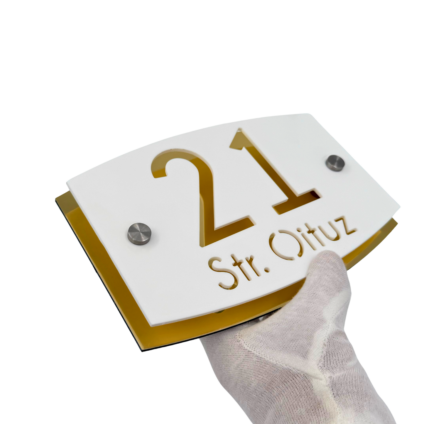 PREMIUM HOUSE NUMBER - White Satin Aluminium Gold Mirror 2 Spacers Silver - 20×13 cm