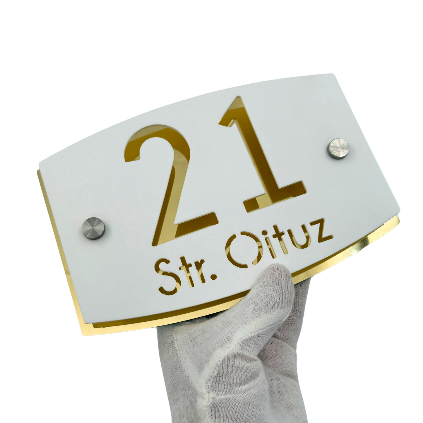 PREMIUM HOUSE NUMBER - White Satin Aluminium Gold Mirror 2 Spacers Silver - 20×13 cm