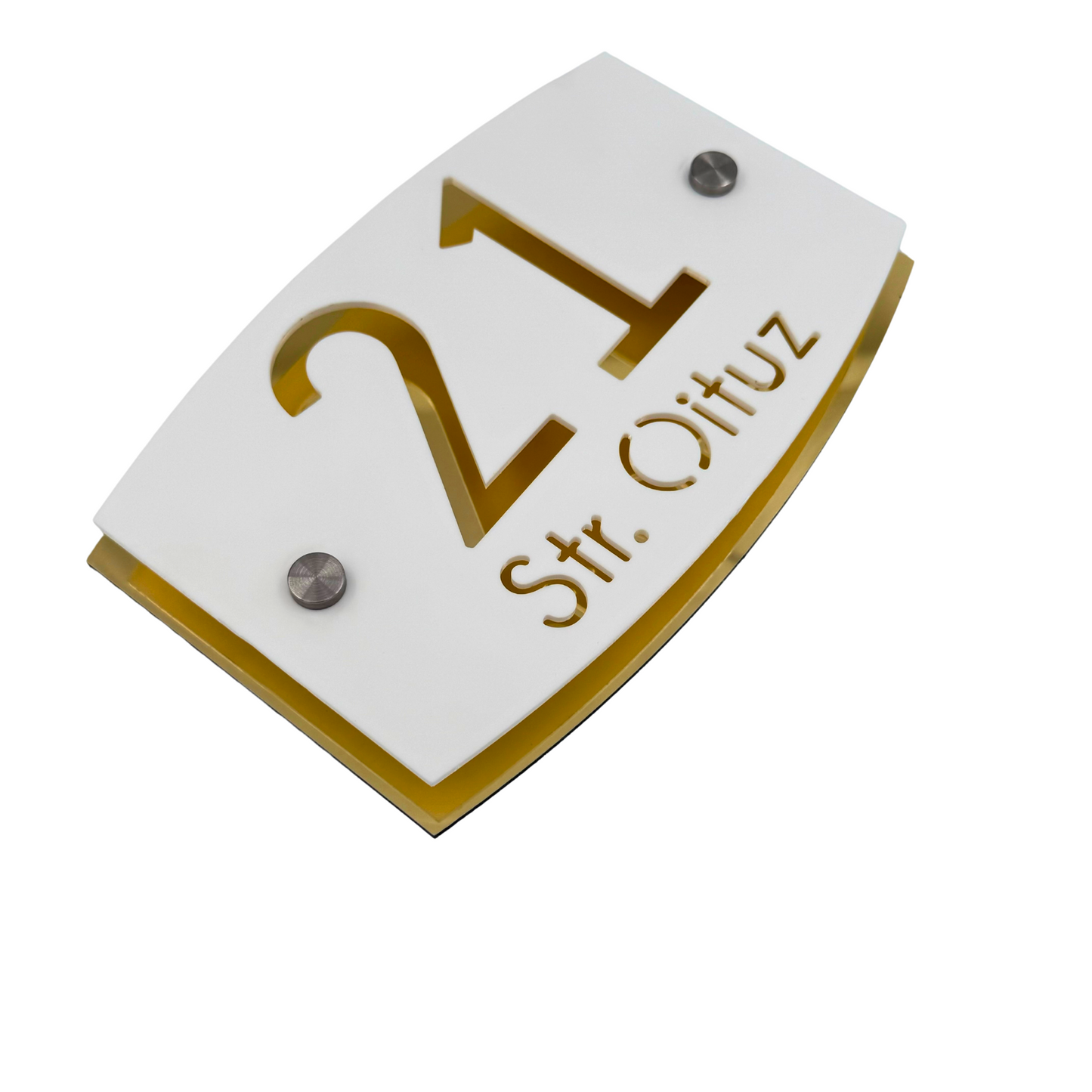 PREMIUM HOUSE NUMBER - White Satin Aluminium Gold Mirror 2 Spacers Silver - 20×13 cm