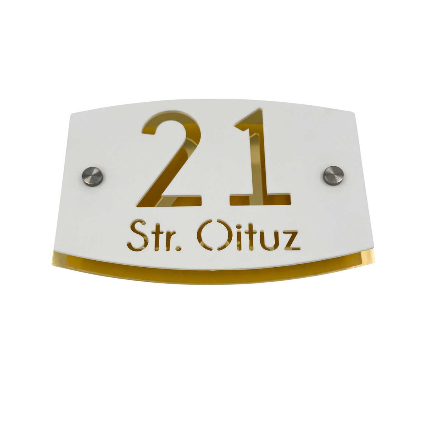PREMIUM HOUSE NUMBER - White Satin Aluminium Gold Mirror 2 Spacers Silver - 20×13 cm