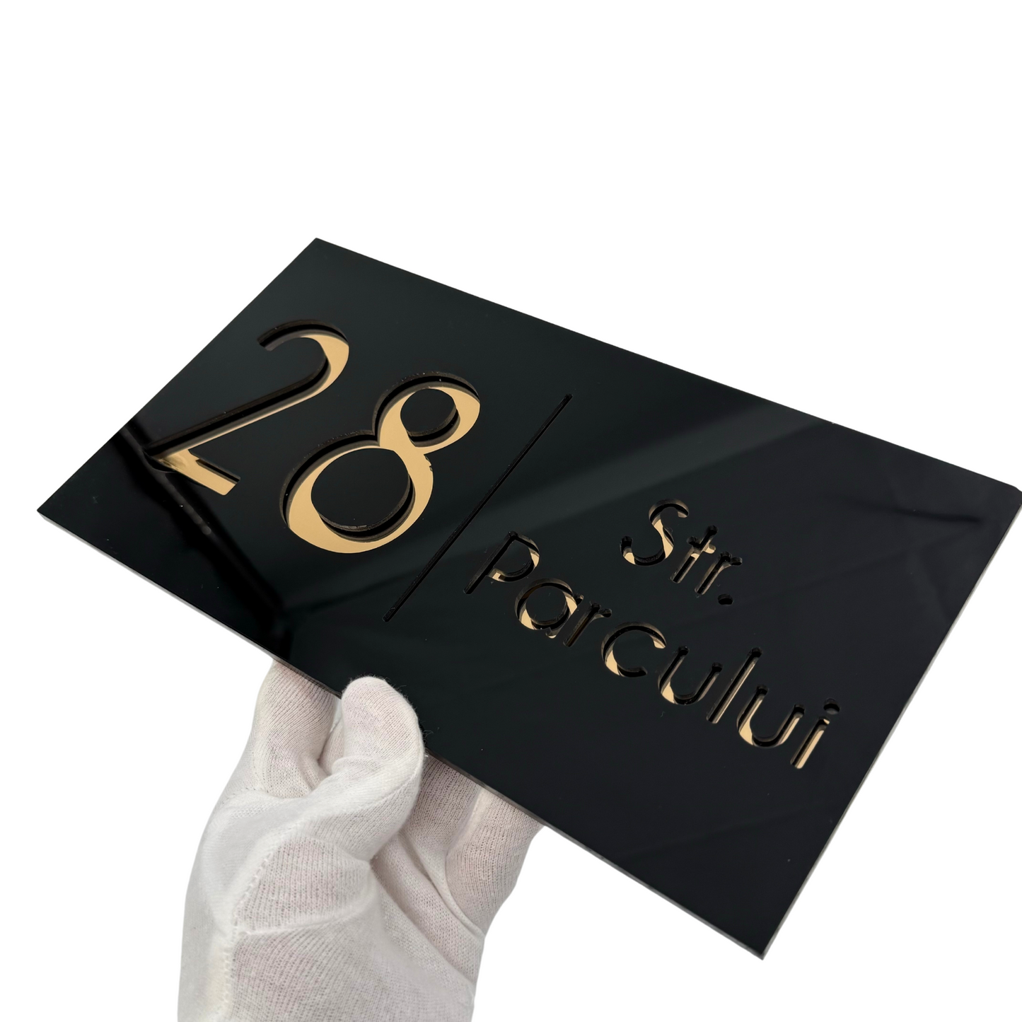 PREMIUM HOUSE NUMBER - Glossy Black Gold Mirror - 28×15 cm