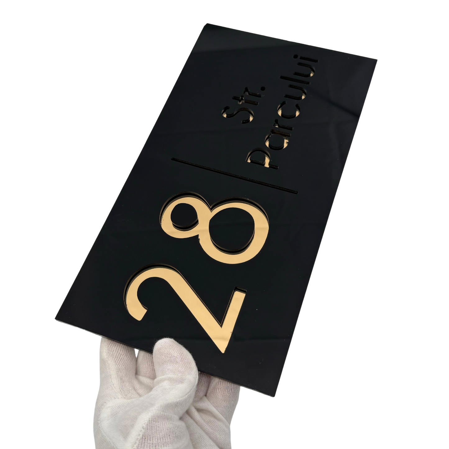 PREMIUM HOUSE NUMBER - Glossy Black Gold Mirror - 28×15 cm