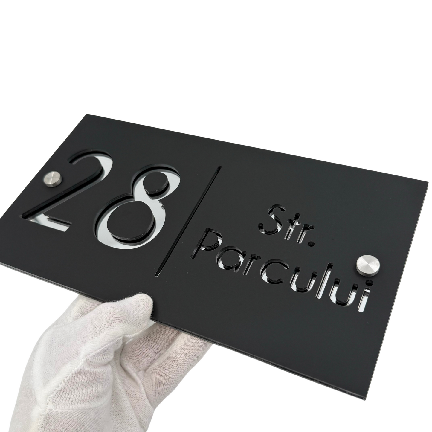 PREMIUM HOUSE NUMBER - Satin Black Silver Mirror 2 Spacers Silver - 28×15 cm
