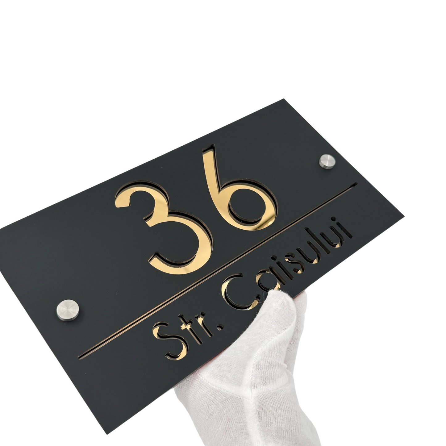 PREMIUM HOUSE NUMBER - Satin Black Gold Mirror 2 Spacers Silver - 28×15 cm