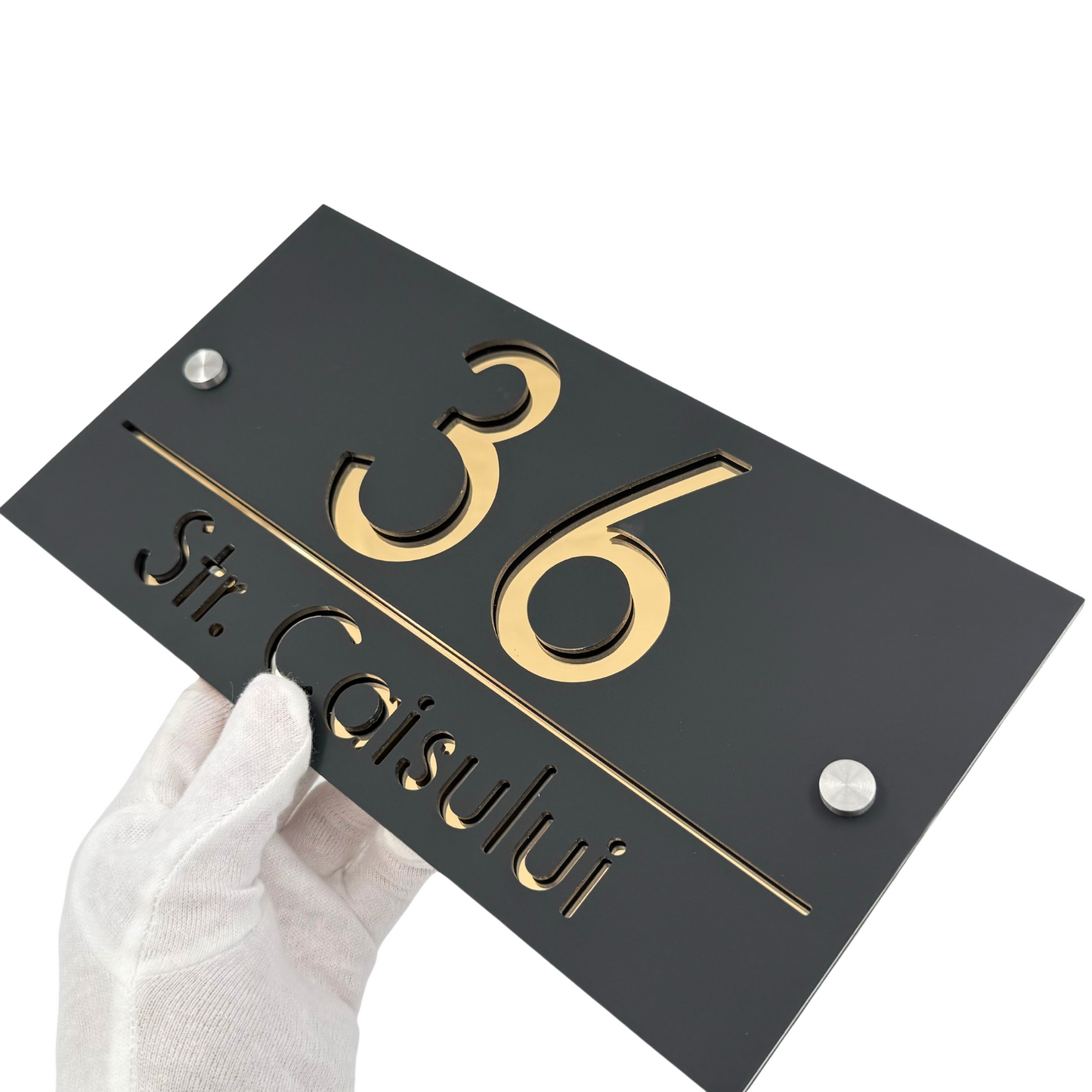 PREMIUM HOUSE NUMBER - Satin Black Gold Mirror 2 Spacers Silver - 28×15 cm