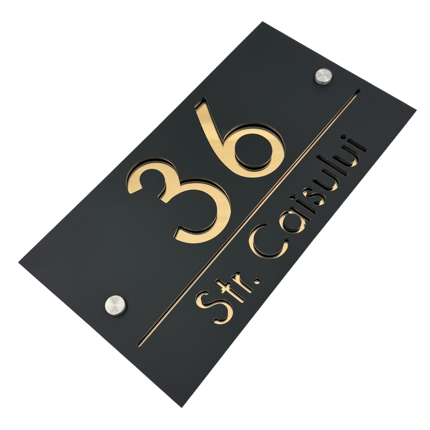 PREMIUM HOUSE NUMBER - Satin Black Gold Mirror 2 Spacers Silver - 28×15 cm