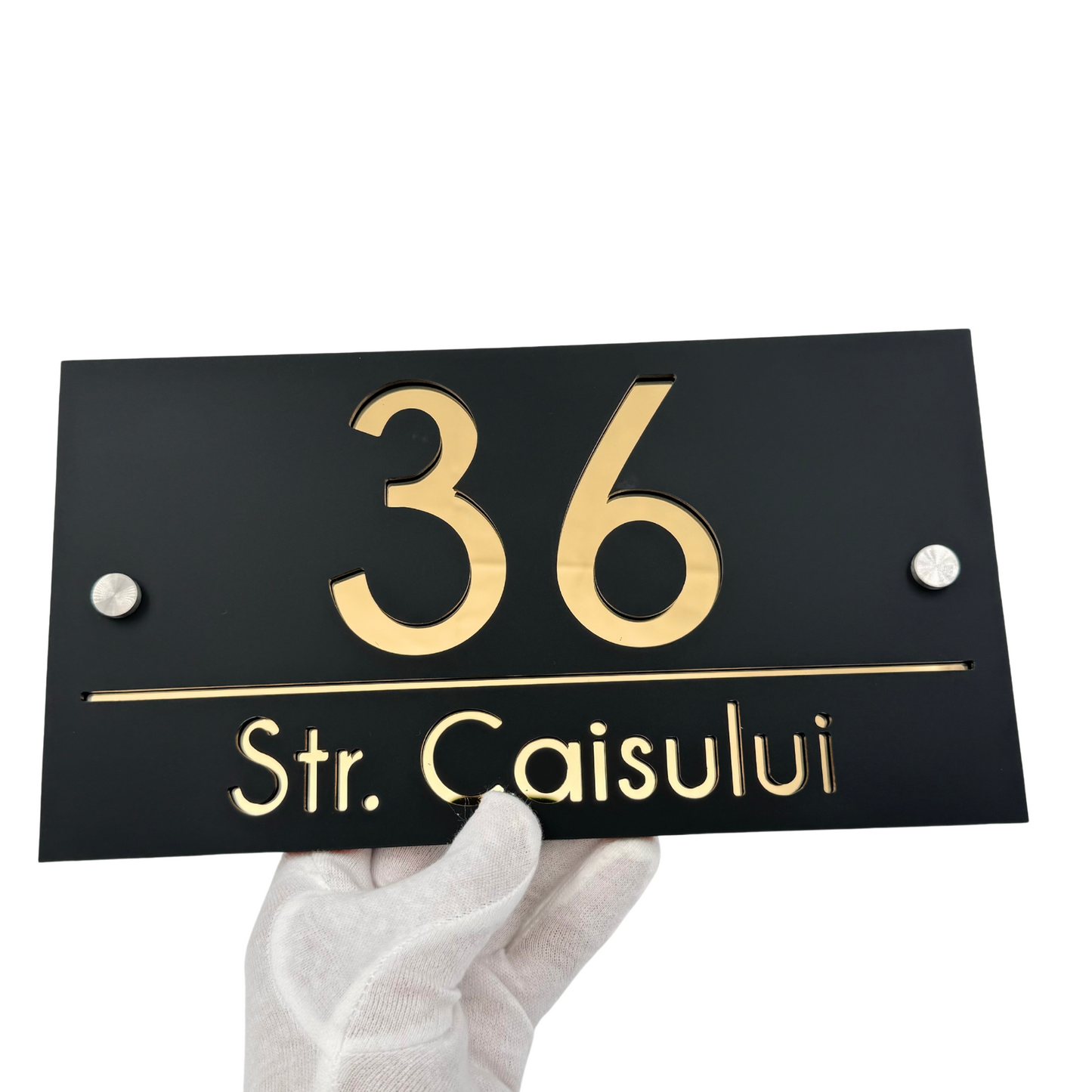PREMIUM HOUSE NUMBER - Satin Black Gold Mirror 2 Spacers Silver - 28×15 cm