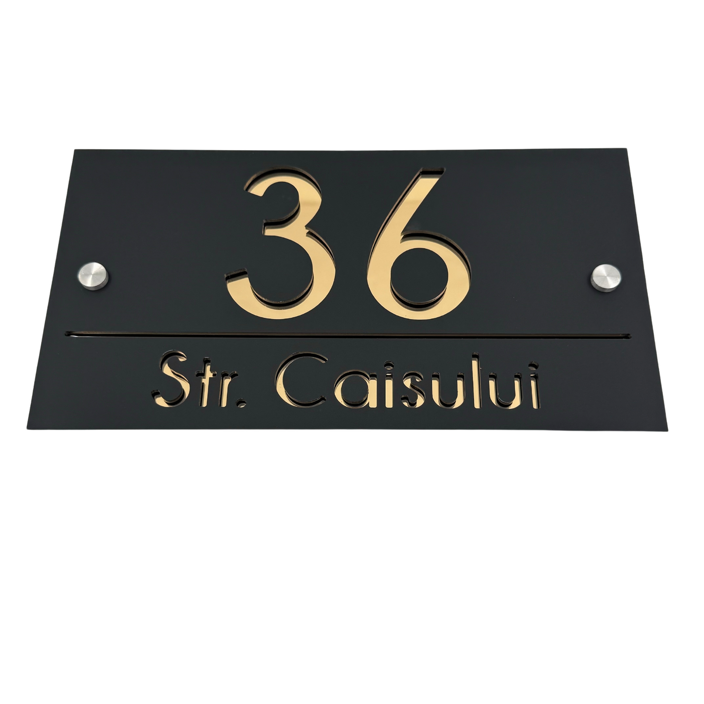 PREMIUM HOUSE NUMBER - Satin Black Gold Mirror 2 Spacers Silver - 28×15 cm