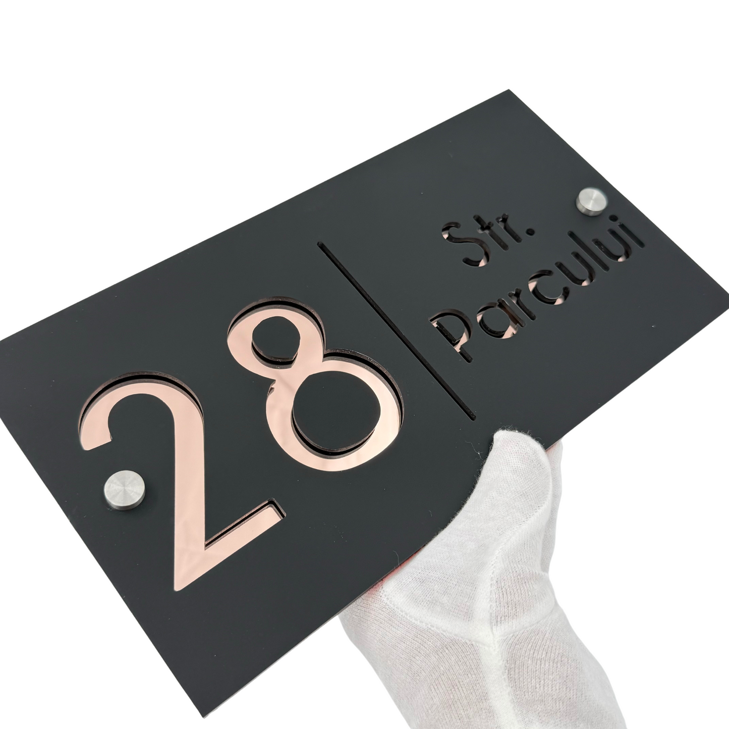 PREMIUM HOUSE NUMBER - Satin Black Rose Gold Mirror 2 Spacers Silver - 28×15 cm