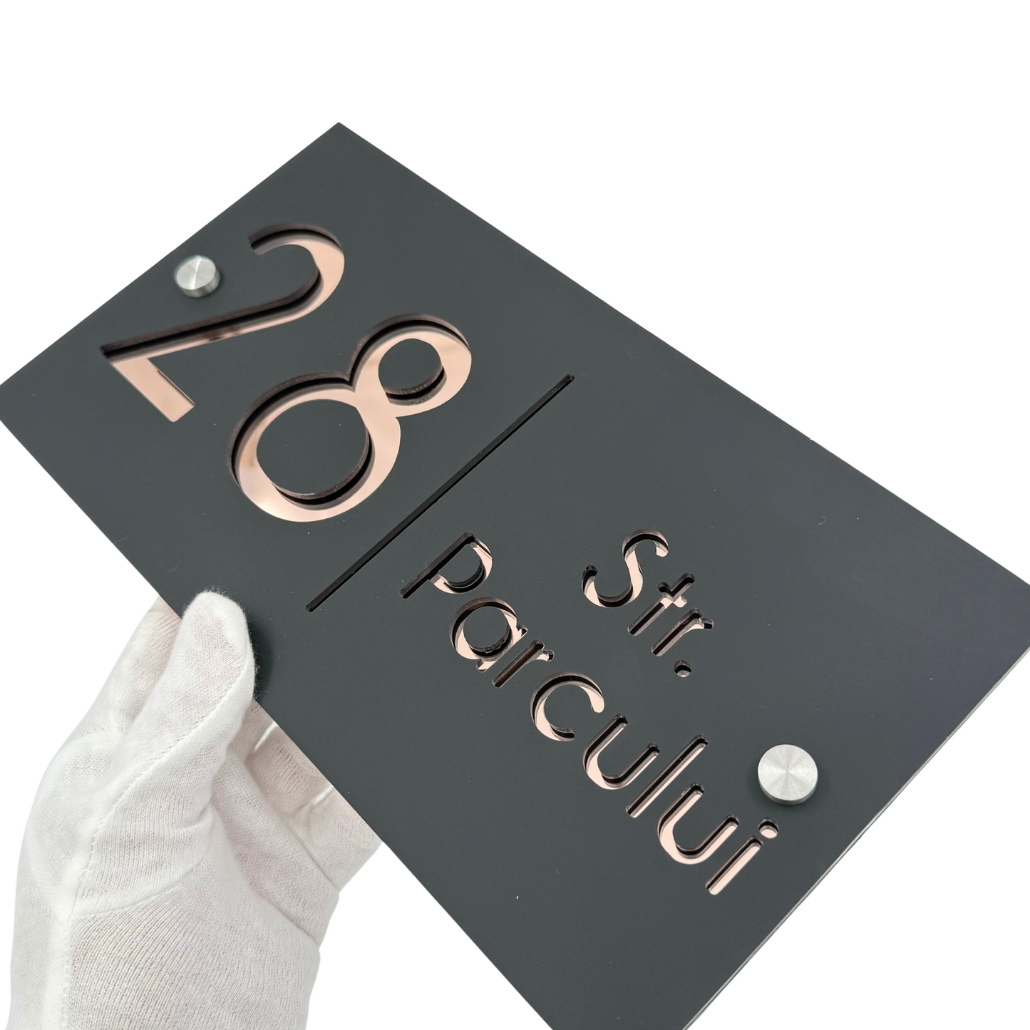PREMIUM HOUSE NUMBER - Satin Black Rose Gold Mirror 2 Spacers Silver - 28×15 cm