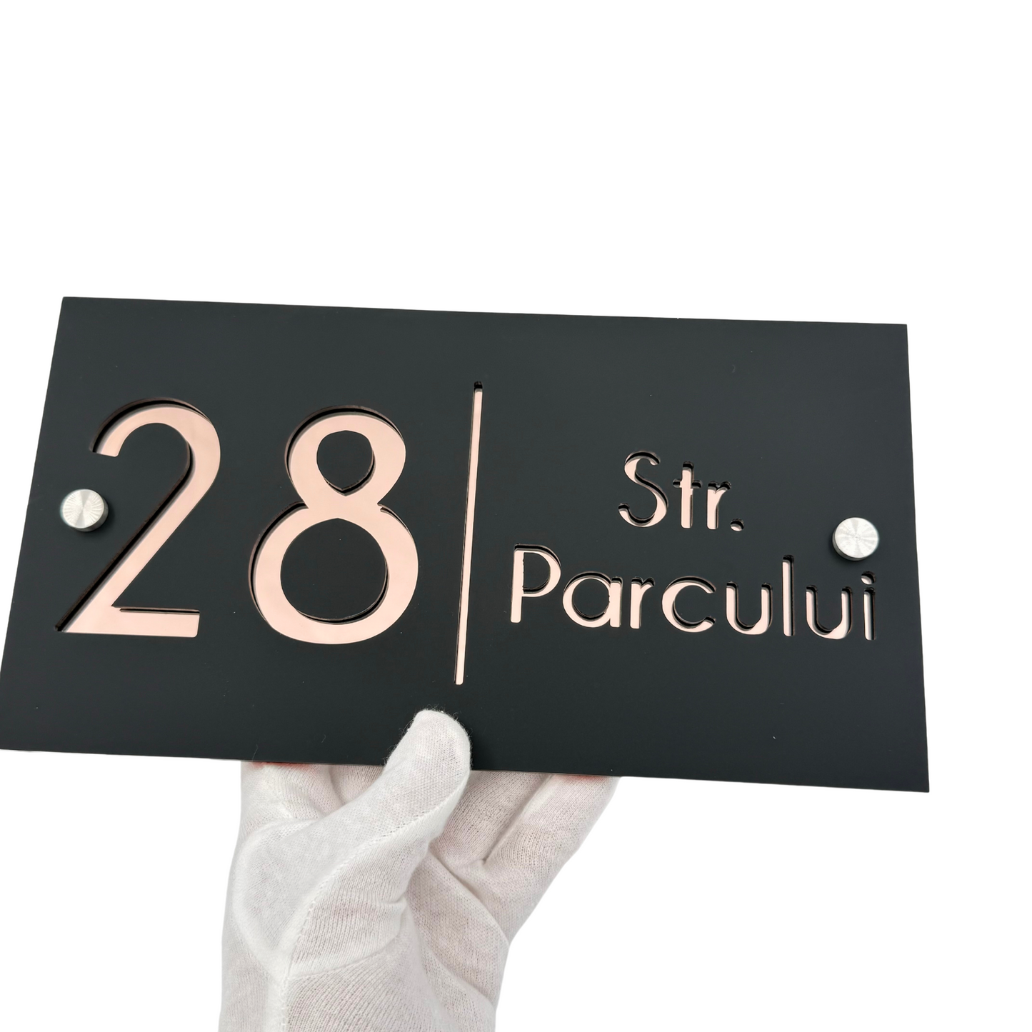 PREMIUM HOUSE NUMBER - Satin Black Rose Gold Mirror 2 Spacers Silver - 28×15 cm