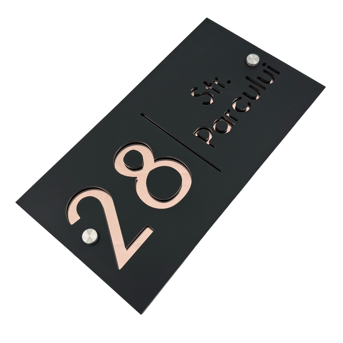 PREMIUM HOUSE NUMBER - Satin Black Rose Gold Mirror 2 Spacers Silver - 28×15 cm