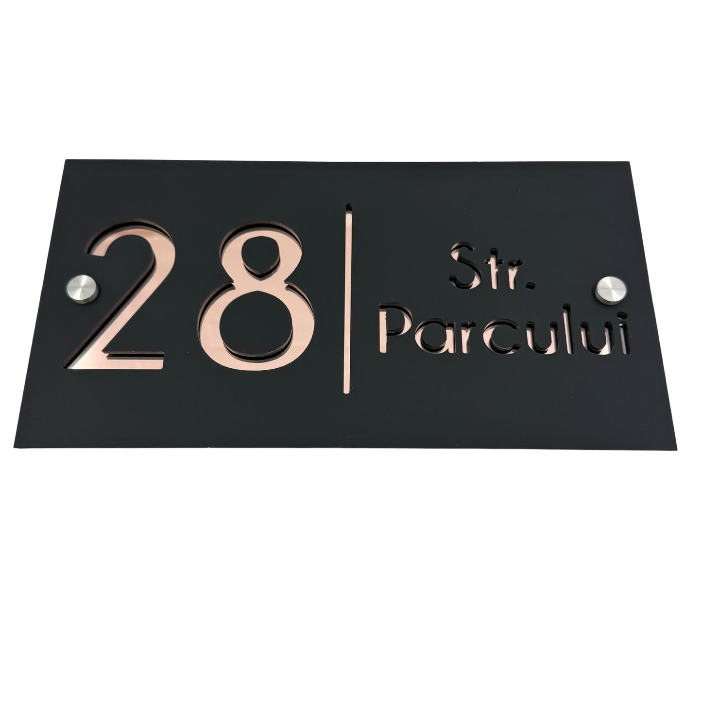 PREMIUM HOUSE NUMBER - Satin Black Rose Gold Mirror 2 Spacers Silver - 28×15 cm