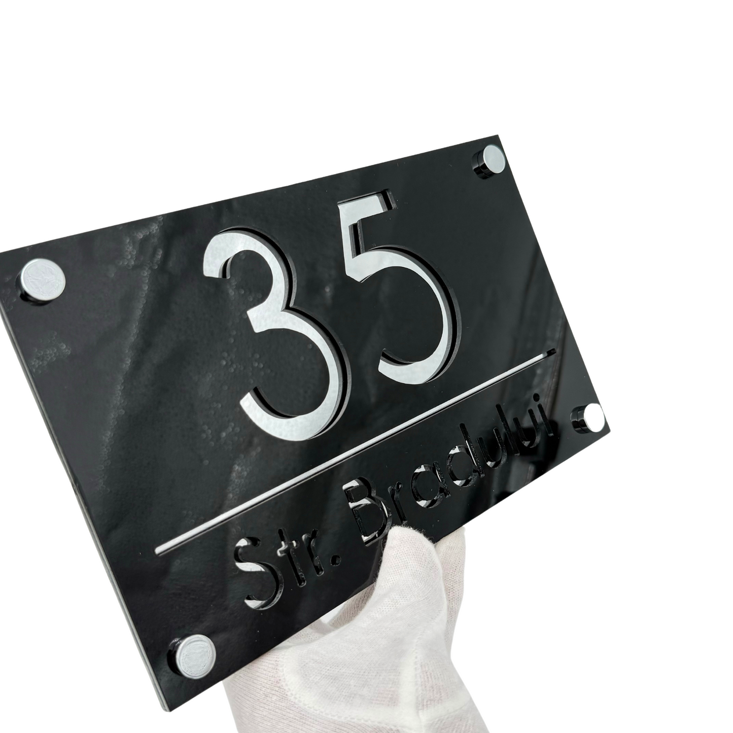 PREMIUM HOUSE NUMBER - Glossy Black Silver Mirror 4 Spacers Silver - 24×15 cm