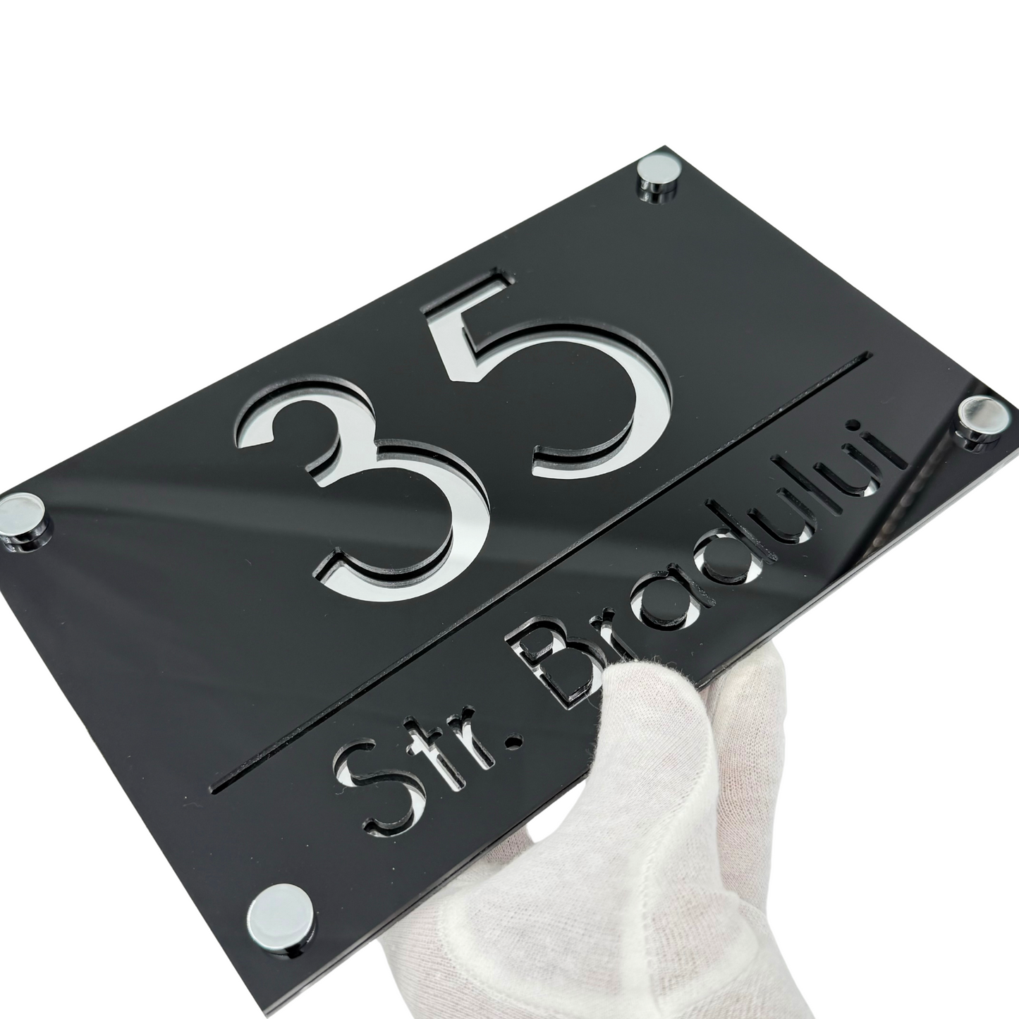 PREMIUM HOUSE NUMBER - Glossy Black Silver Mirror 4 Spacers Silver - 24×15 cm