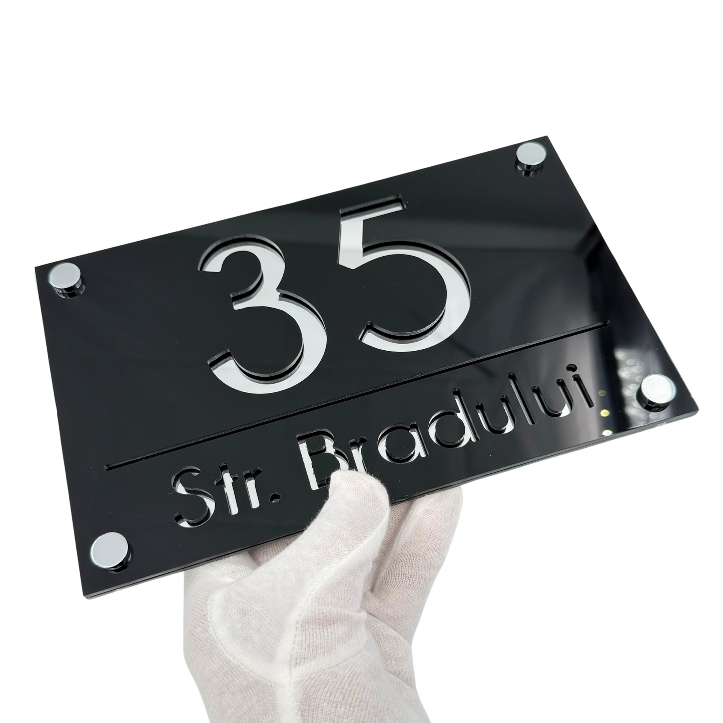 PREMIUM HOUSE NUMBER - Glossy Black Silver Mirror 4 Spacers Silver - 24×15 cm