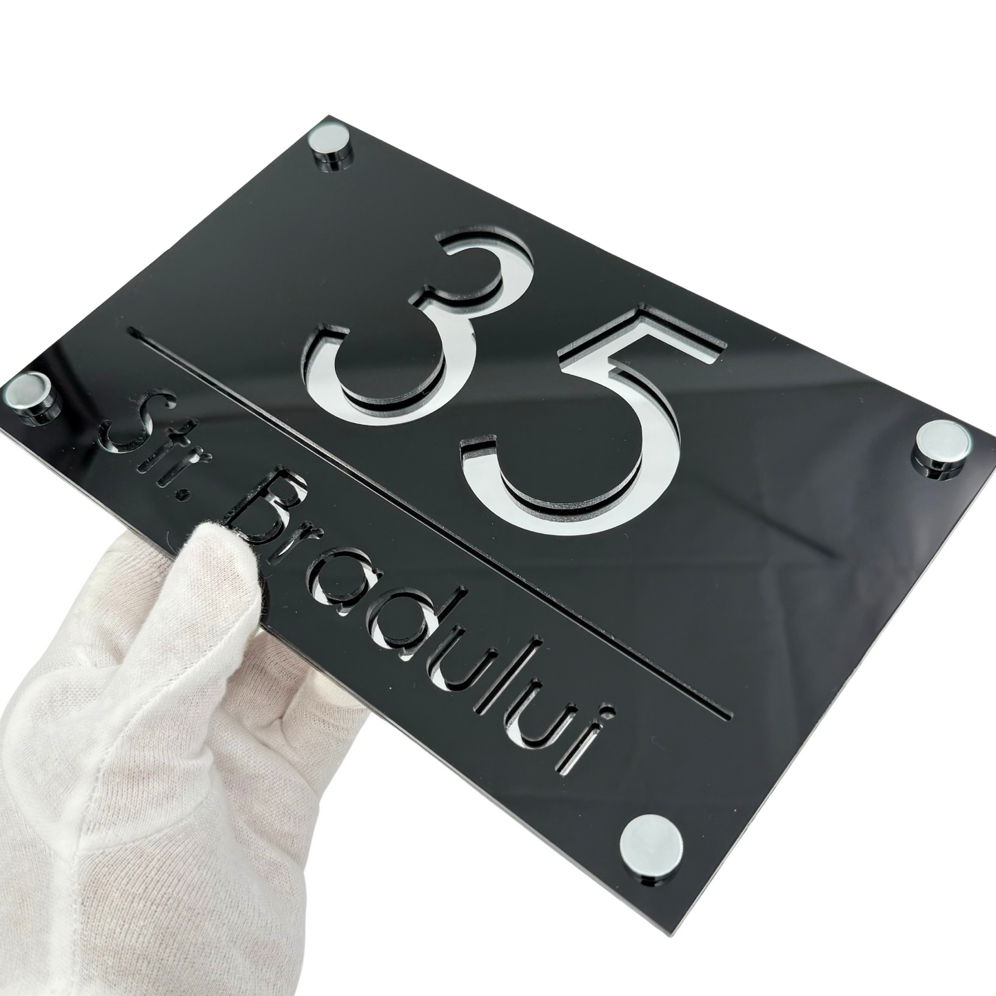 PREMIUM HOUSE NUMBER - Glossy Black Silver Mirror 4 Spacers Silver - 24×15 cm