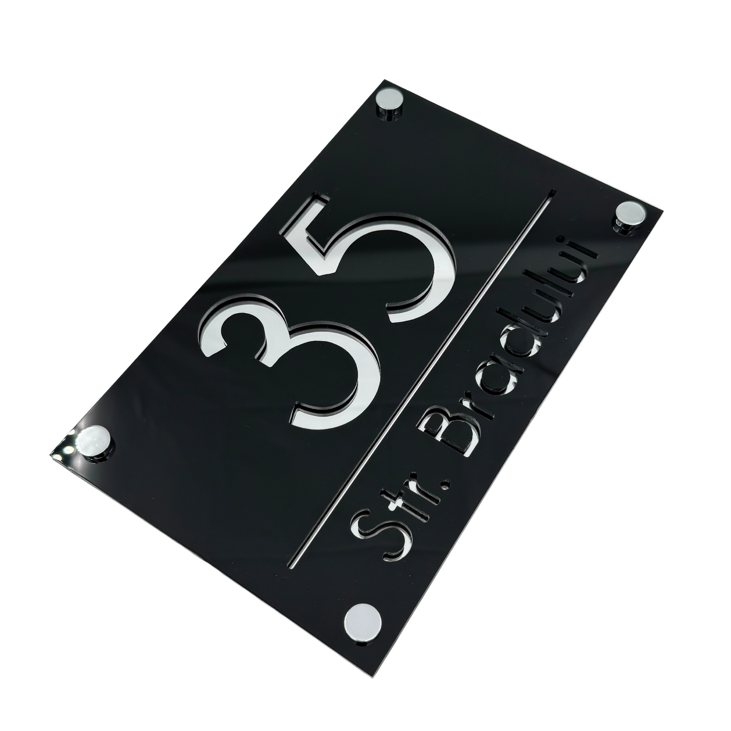 PREMIUM HOUSE NUMBER - Glossy Black Silver Mirror 4 Spacers Silver - 24×15 cm