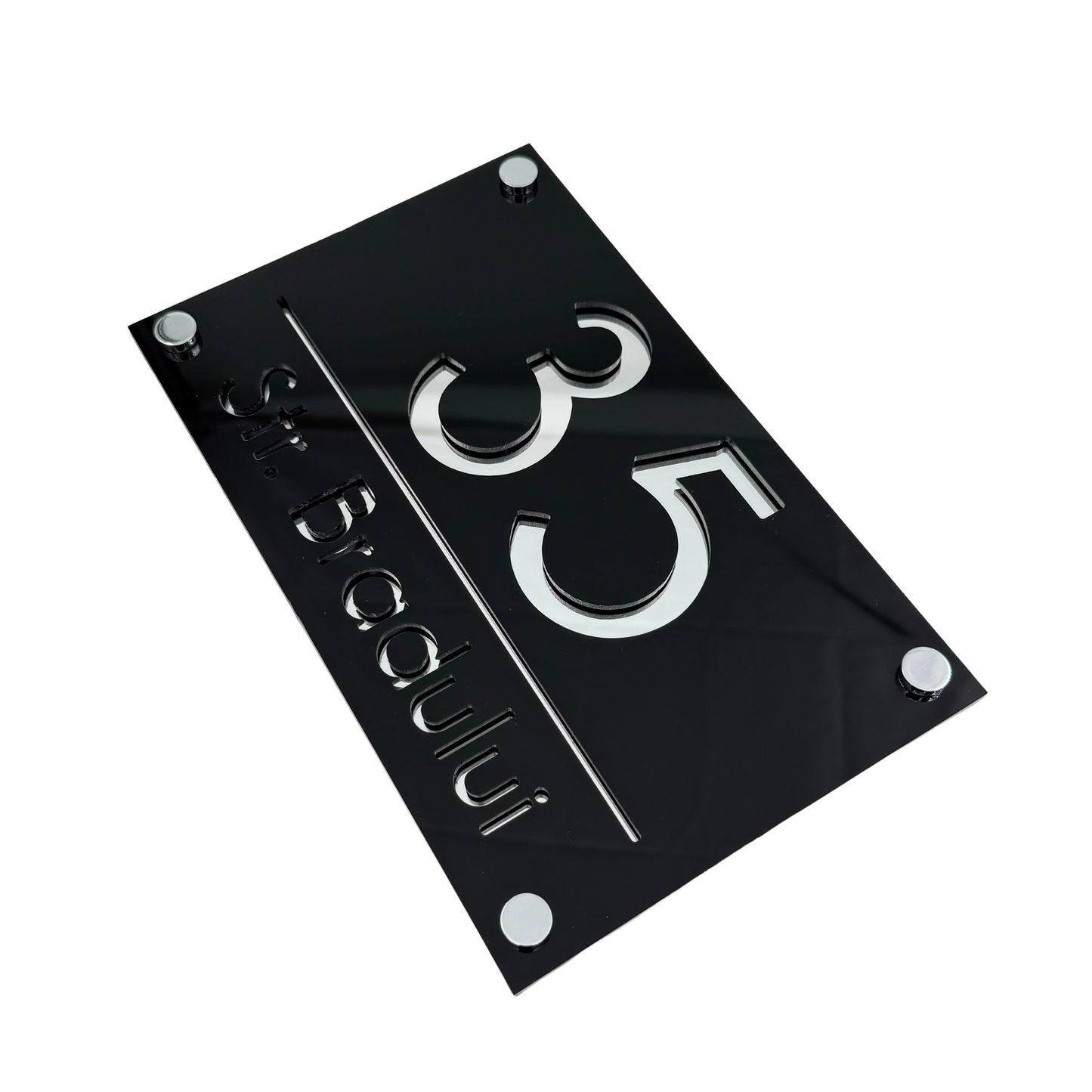 PREMIUM HOUSE NUMBER - Glossy Black Silver Mirror 4 Spacers Silver - 24×15 cm