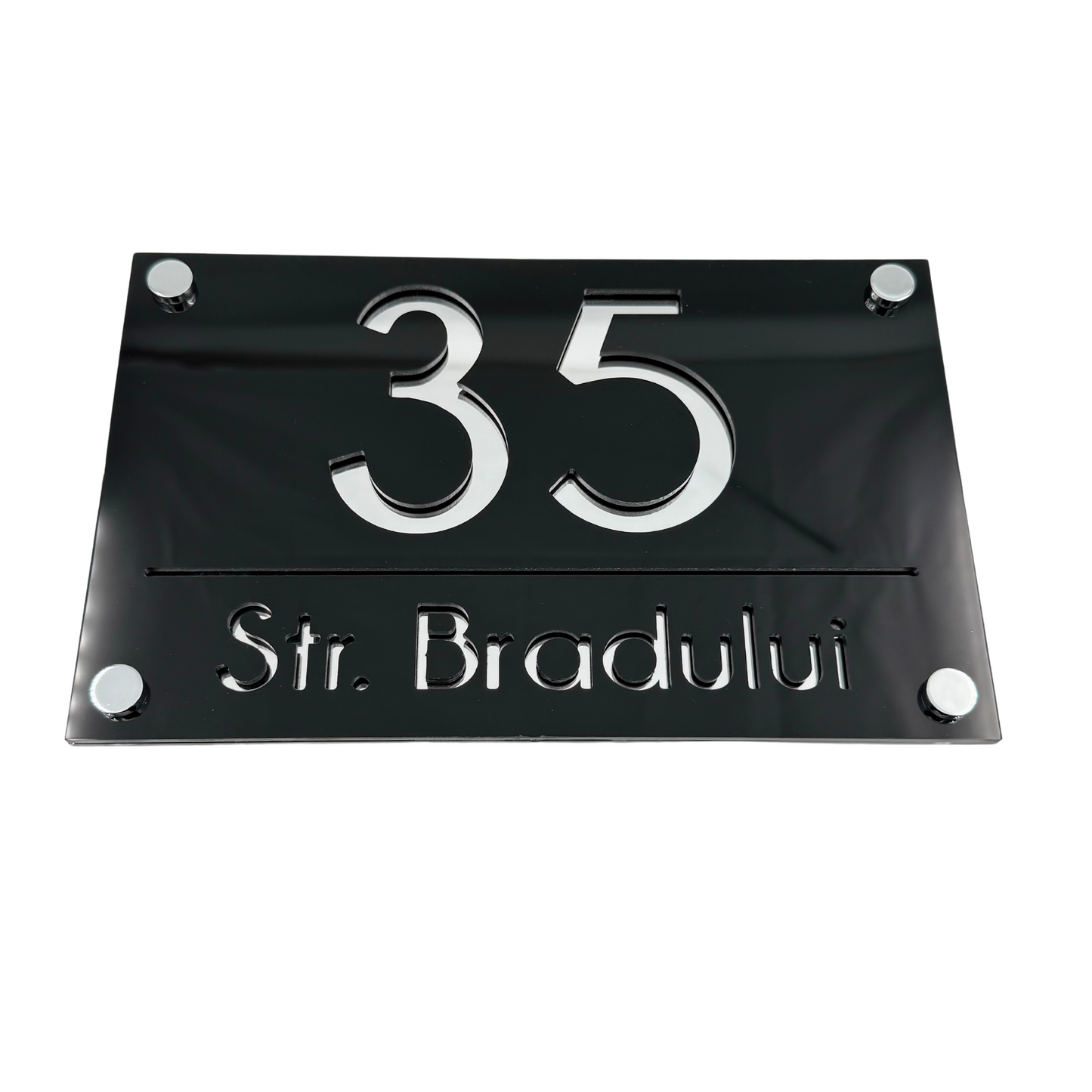 PREMIUM HOUSE NUMBER - Glossy Black Silver Mirror 4 Spacers Silver - 24×15 cm