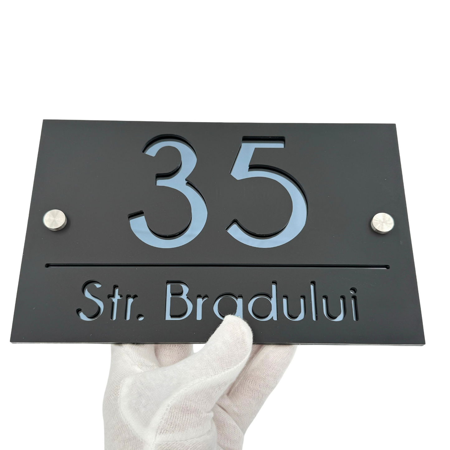 PREMIUM HOUSE NUMBER - Satin Black Anthracite Grey Mirror 2 Spacers Silver - 24×15 cm
