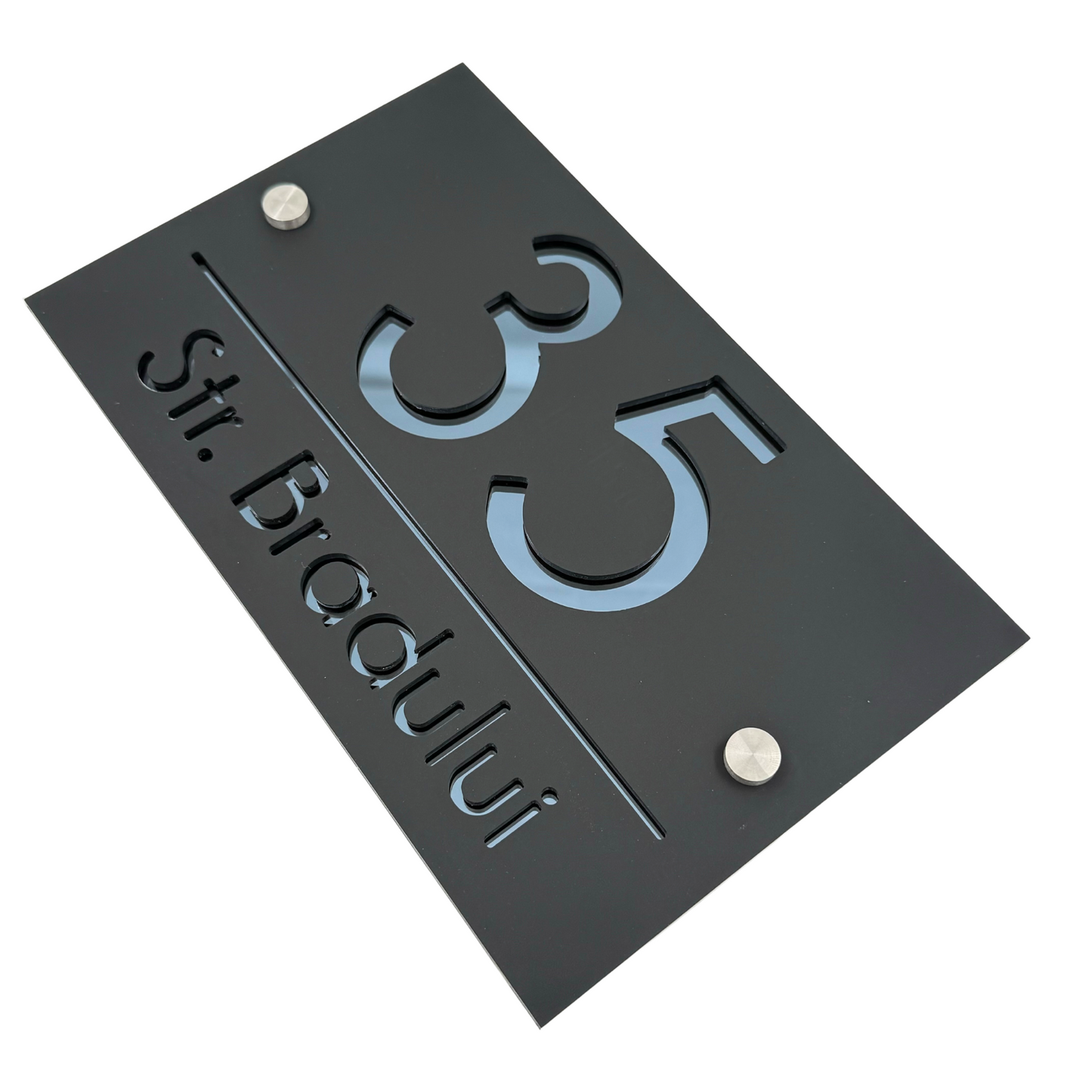 PREMIUM HOUSE NUMBER - Satin Black Anthracite Grey Mirror 2 Spacers Silver - 24×15 cm