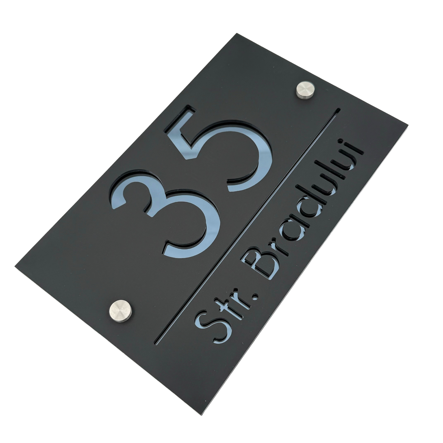 PREMIUM HOUSE NUMBER - Satin Black Anthracite Grey Mirror 2 Spacers Silver - 24×15 cm