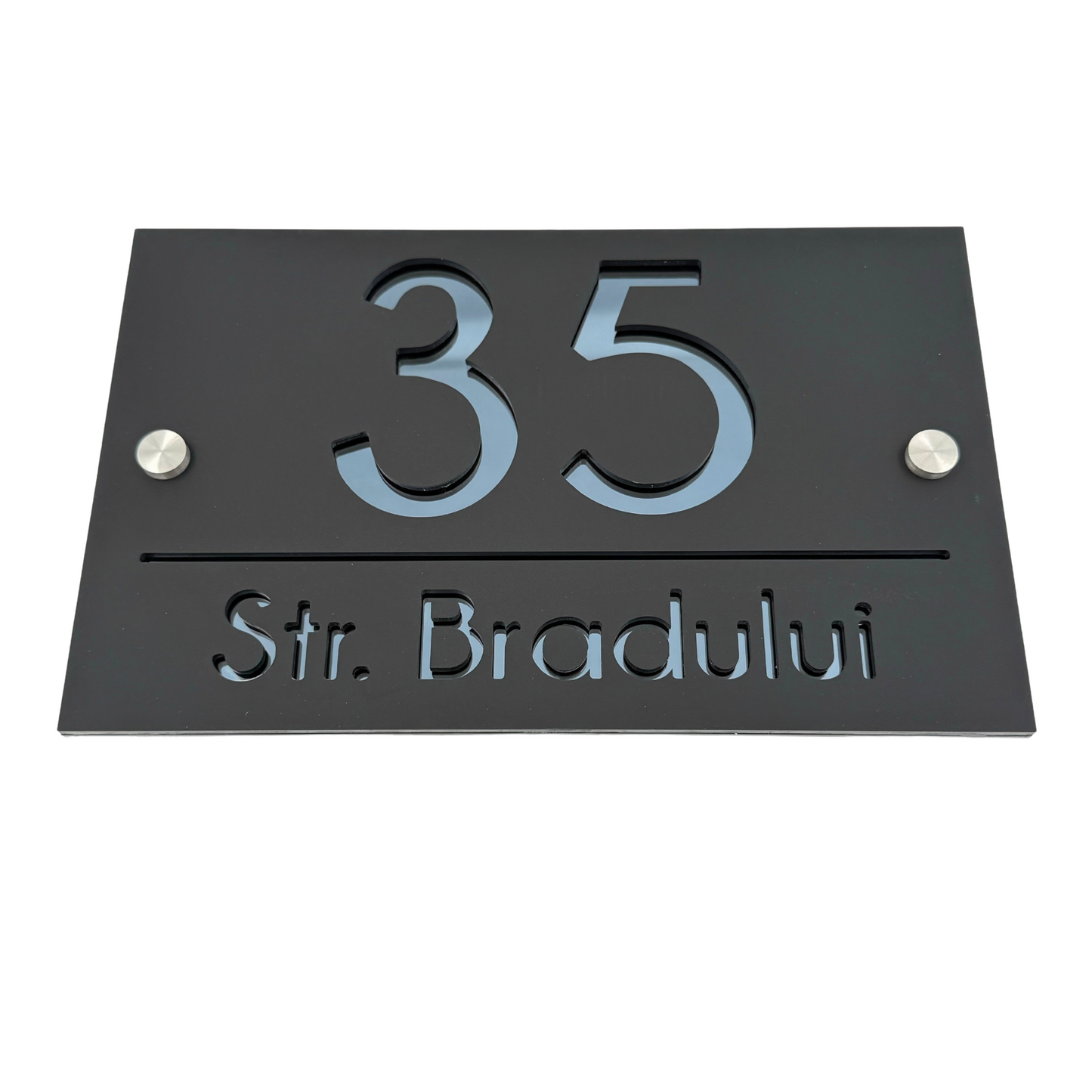 PREMIUM HOUSE NUMBER - Satin Black Anthracite Grey Mirror 2 Spacers Silver - 24×15 cm