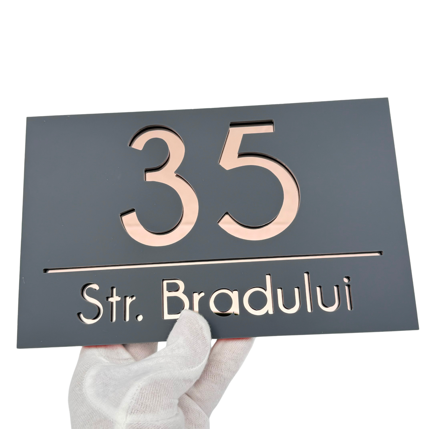 PREMIUM HOUSE NUMBER - Satin Grey Rose Gold Mirror - 24×15 cm