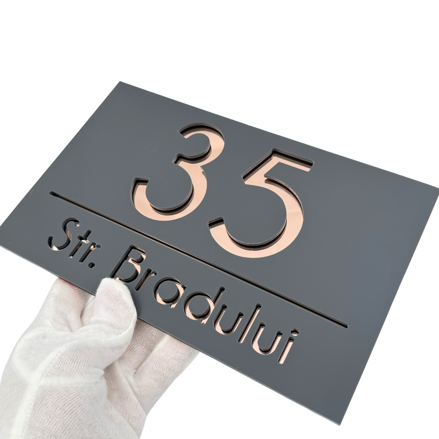 PREMIUM HOUSE NUMBER - Satin Grey Rose Gold Mirror - 24×15 cm