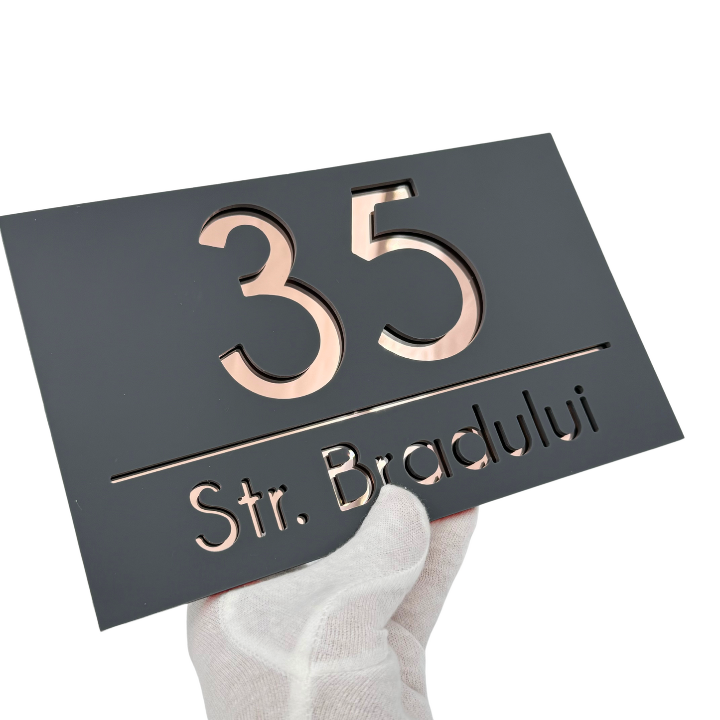 PREMIUM HOUSE NUMBER - Satin Grey Rose Gold Mirror - 24×15 cm