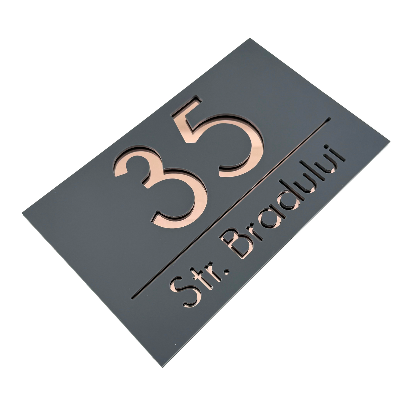PREMIUM HOUSE NUMBER - Satin Grey Rose Gold Mirror - 24×15 cm