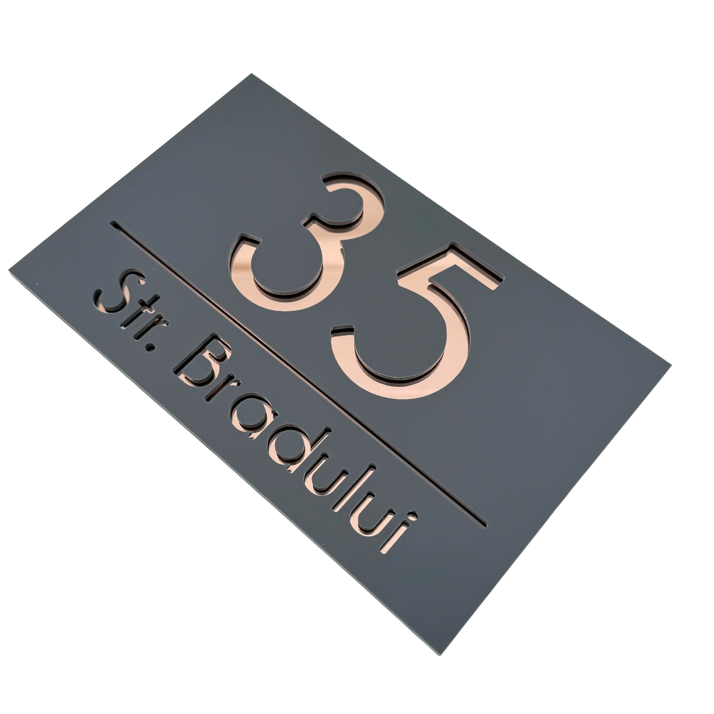 PREMIUM HOUSE NUMBER - Satin Grey Rose Gold Mirror - 24×15 cm