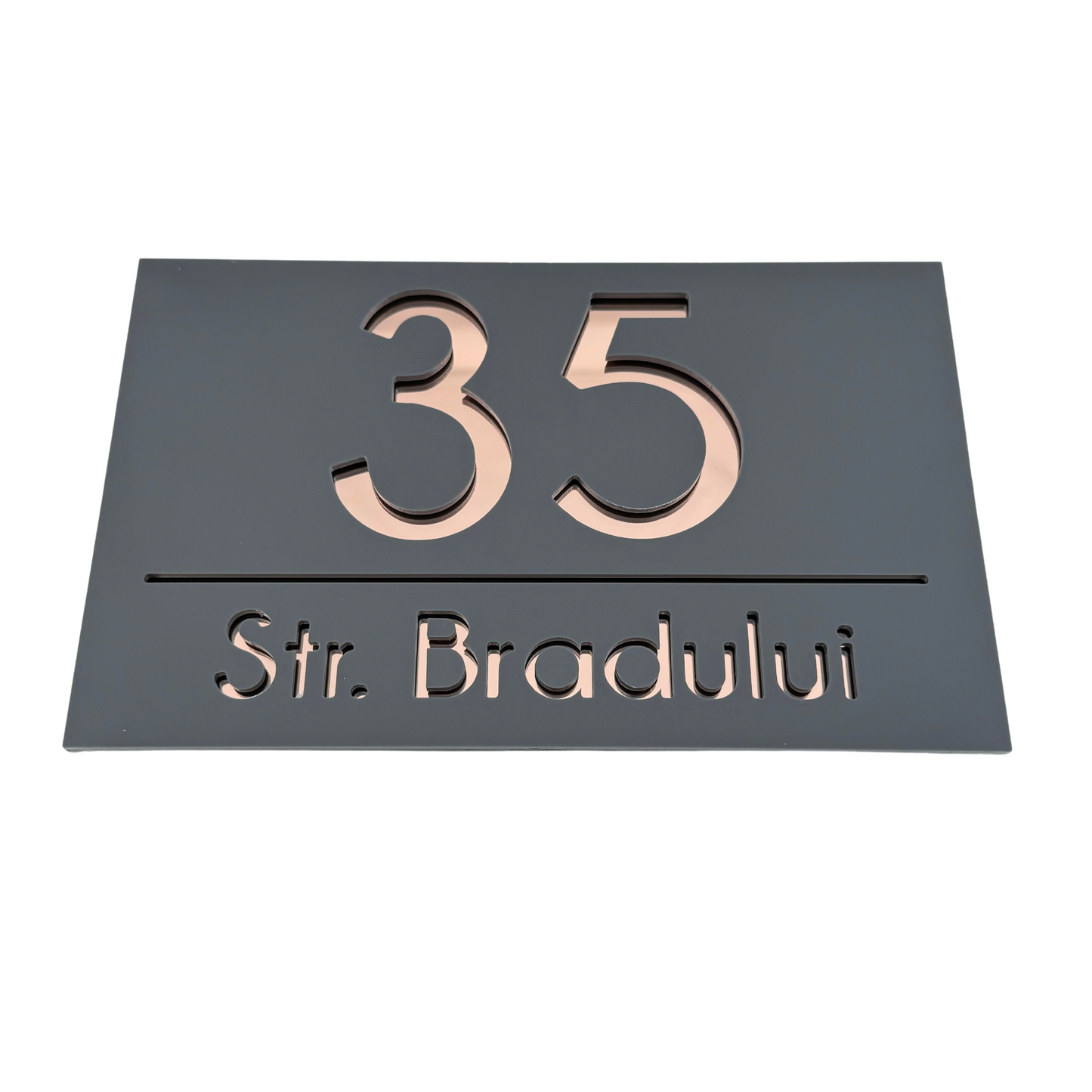 PREMIUM HOUSE NUMBER - Satin Grey Rose Gold Mirror - 24×15 cm