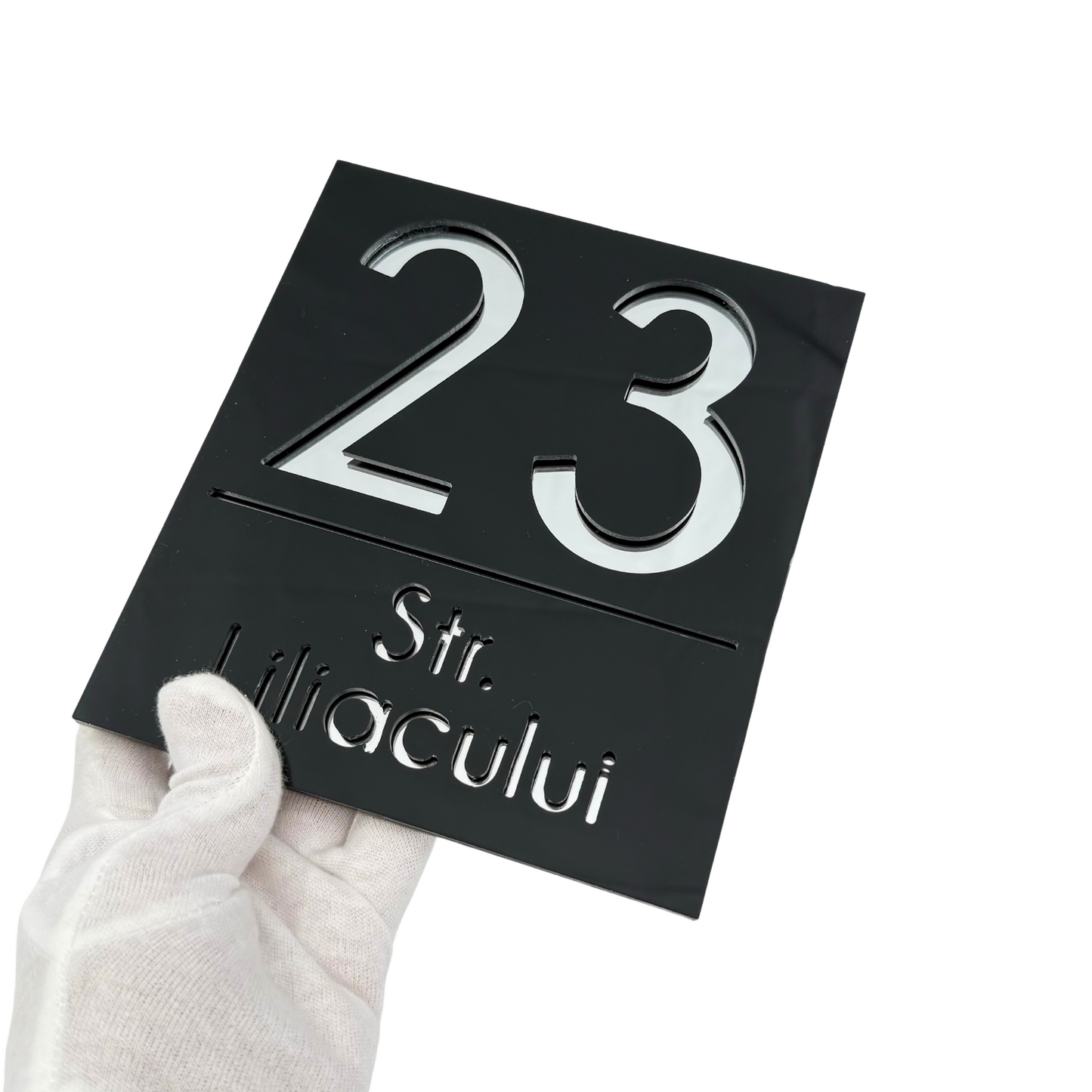 PREMIUM HOUSE NUMBER - Glossy Black Silver Mirror - 18×16 cm