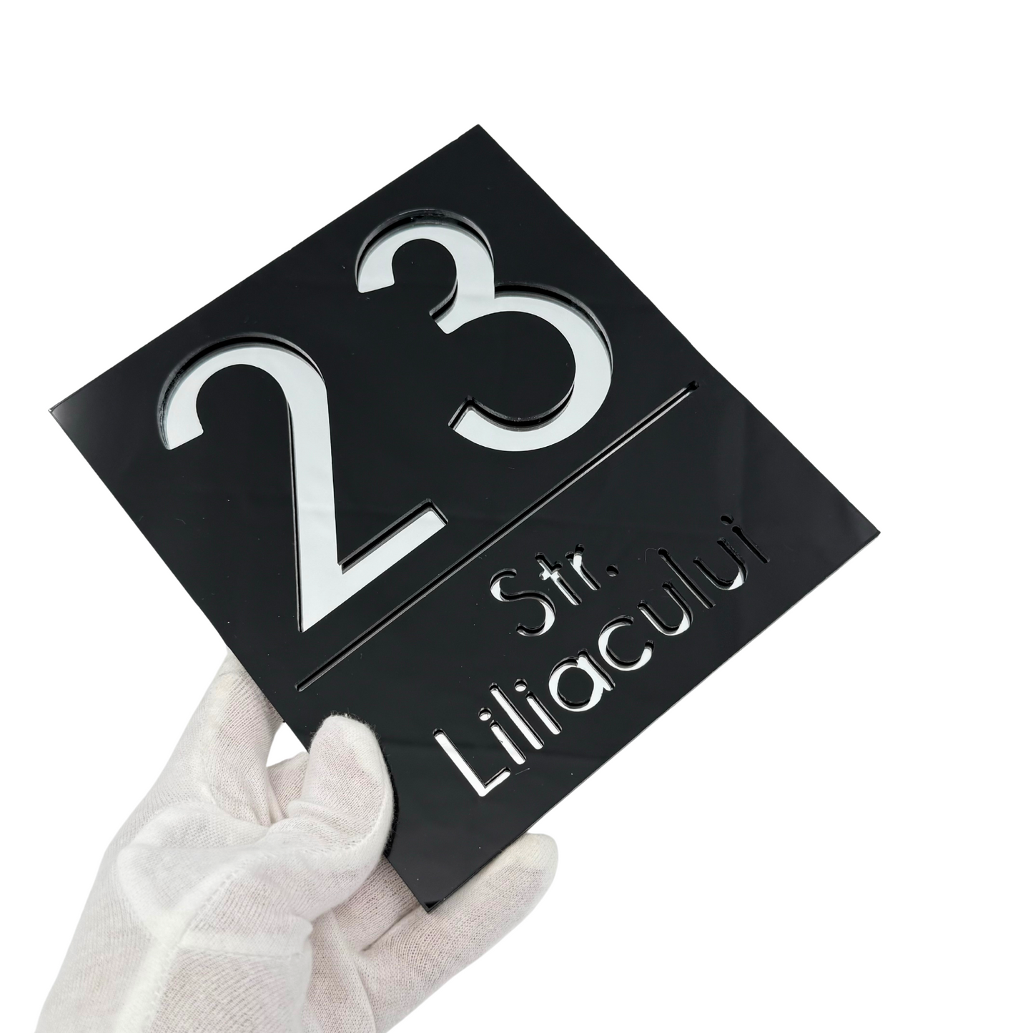 PREMIUM HOUSE NUMBER - Glossy Black Silver Mirror - 18×16 cm