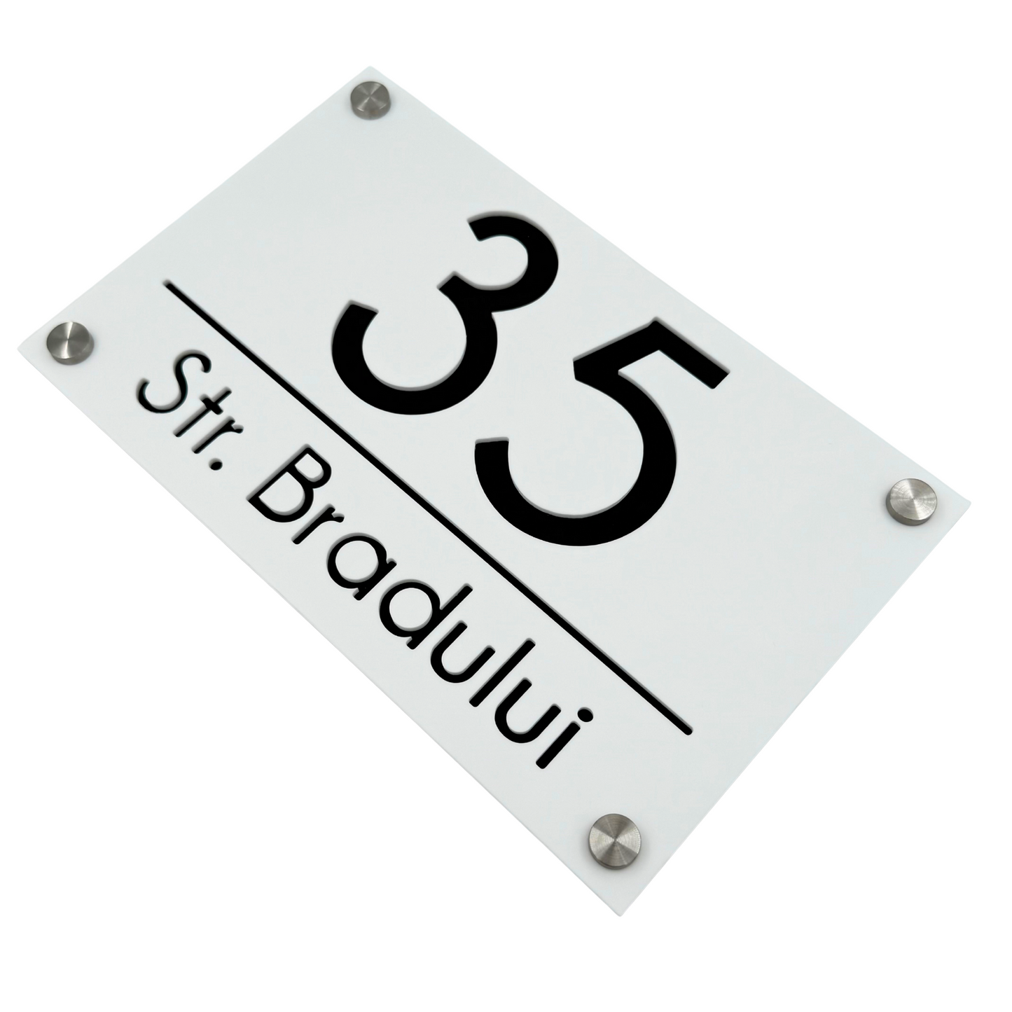 PREMIUM HOUSE NUMBER - White Satin Black Mirror 4 Spacers Silver - 24×15 cm
