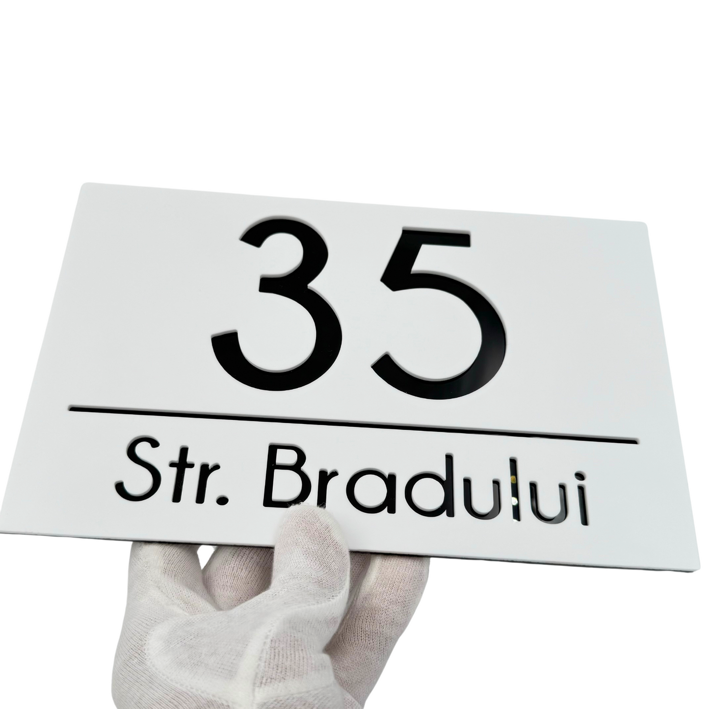 PREMIUM HOUSE NUMBER - White Satin Glossy Black - 24×15 cm