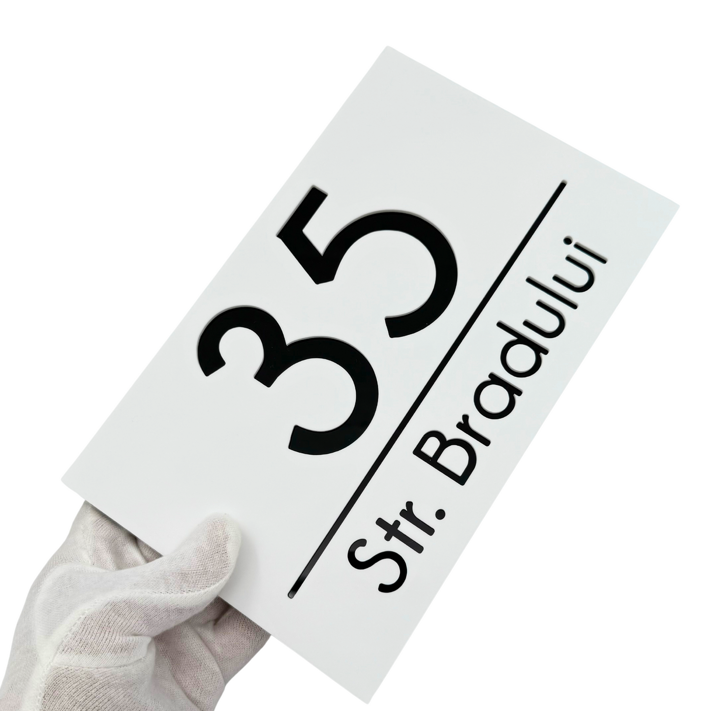 PREMIUM HOUSE NUMBER - White Satin Glossy Black - 24×15 cm