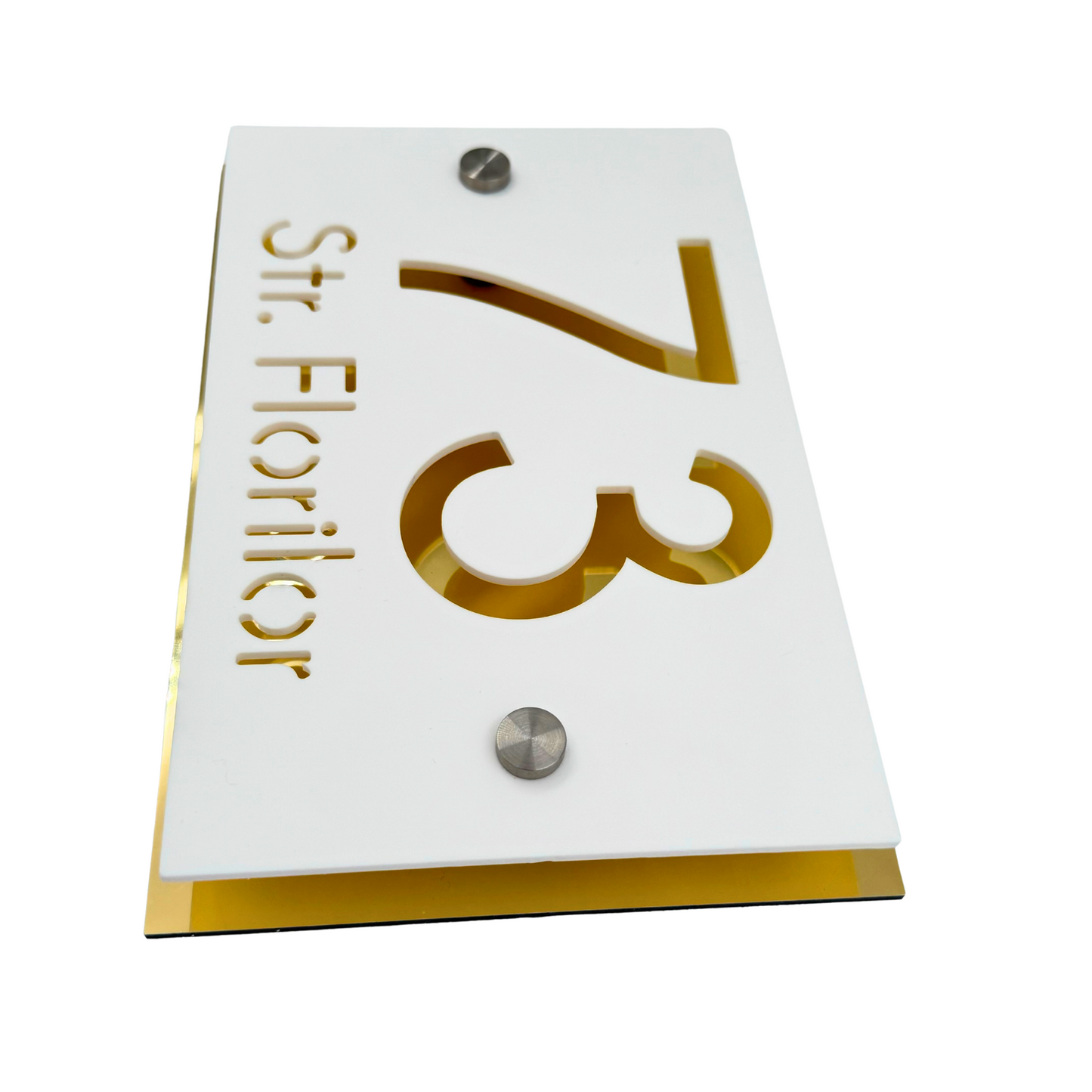 PREMIUM HOUSE NUMBER - White Satin Aluminium Gold Mirror 2 Spacers Silver - 20×13 cm