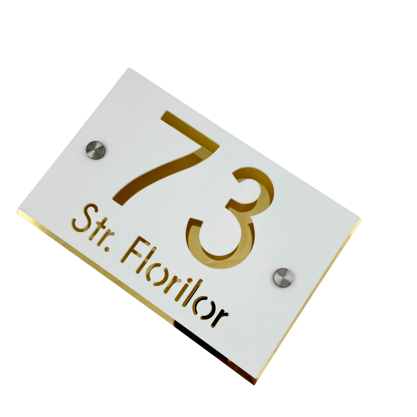 PREMIUM HOUSE NUMBER - White Satin Aluminium Gold Mirror 2 Spacers Silver - 20×13 cm