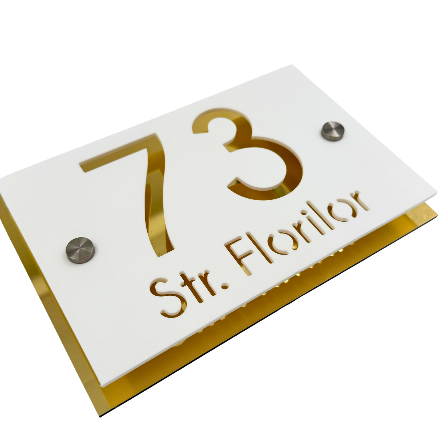 PREMIUM HOUSE NUMBER - White Satin Aluminium Gold Mirror 2 Spacers Silver - 20×13 cm