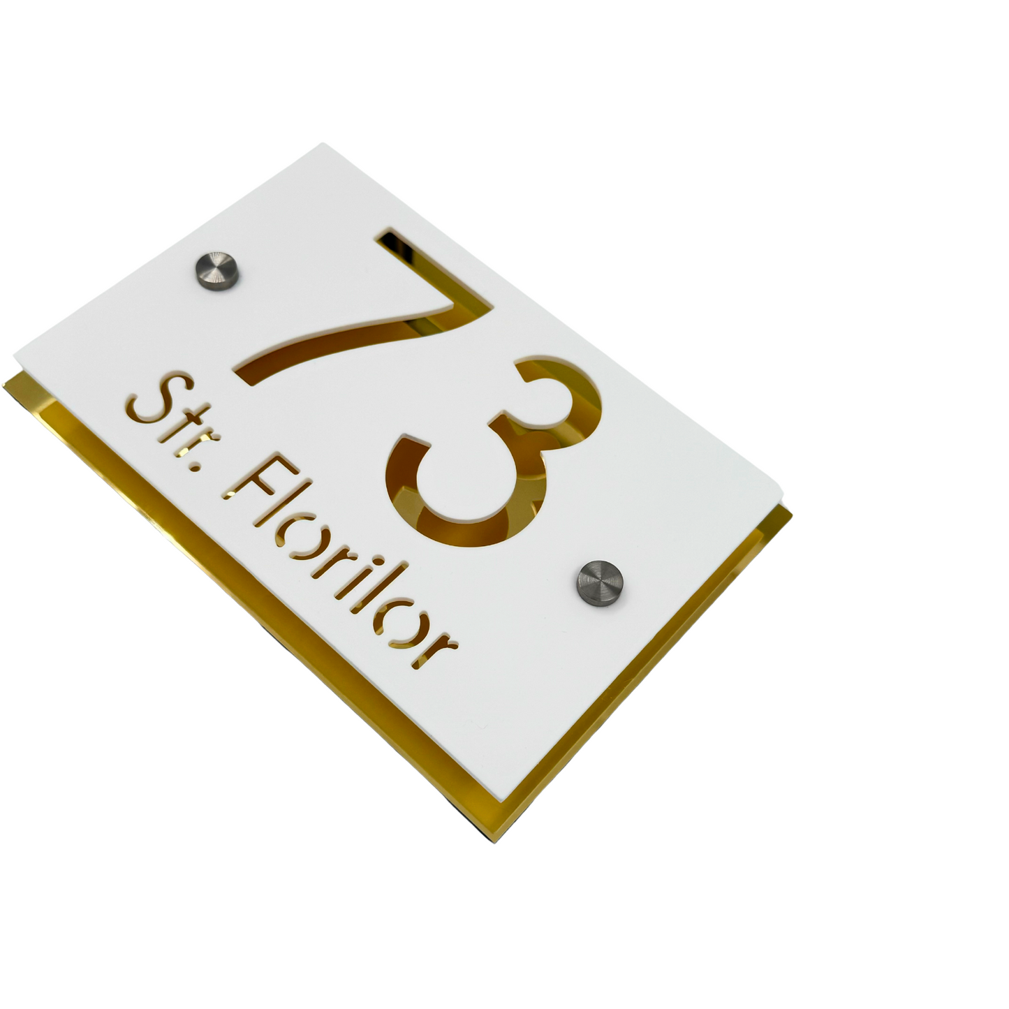 PREMIUM HOUSE NUMBER - White Satin Aluminium Gold Mirror 2 Spacers Silver - 20×13 cm