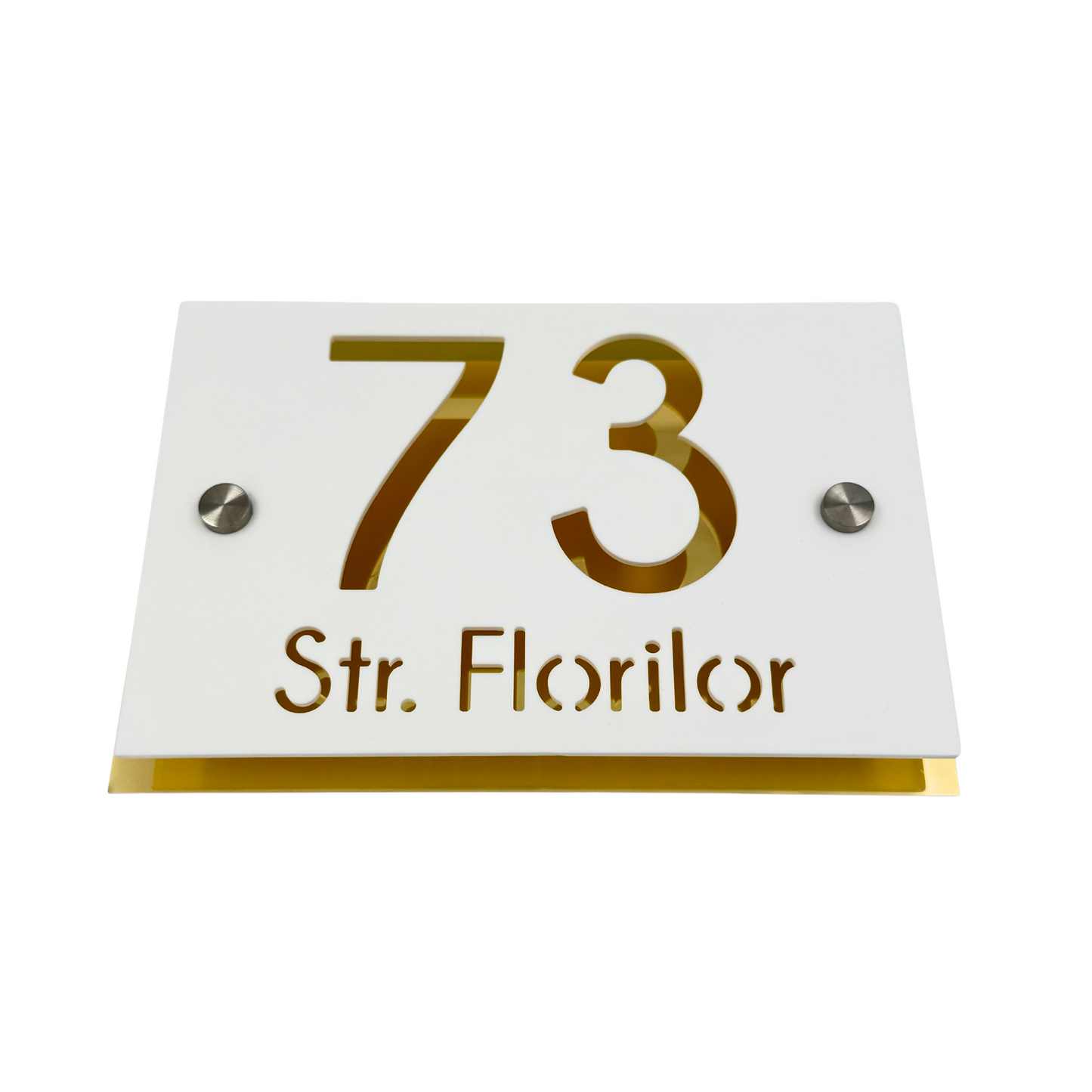 PREMIUM HOUSE NUMBER - White Satin Aluminium Gold Mirror 2 Spacers Silver - 20×13 cm